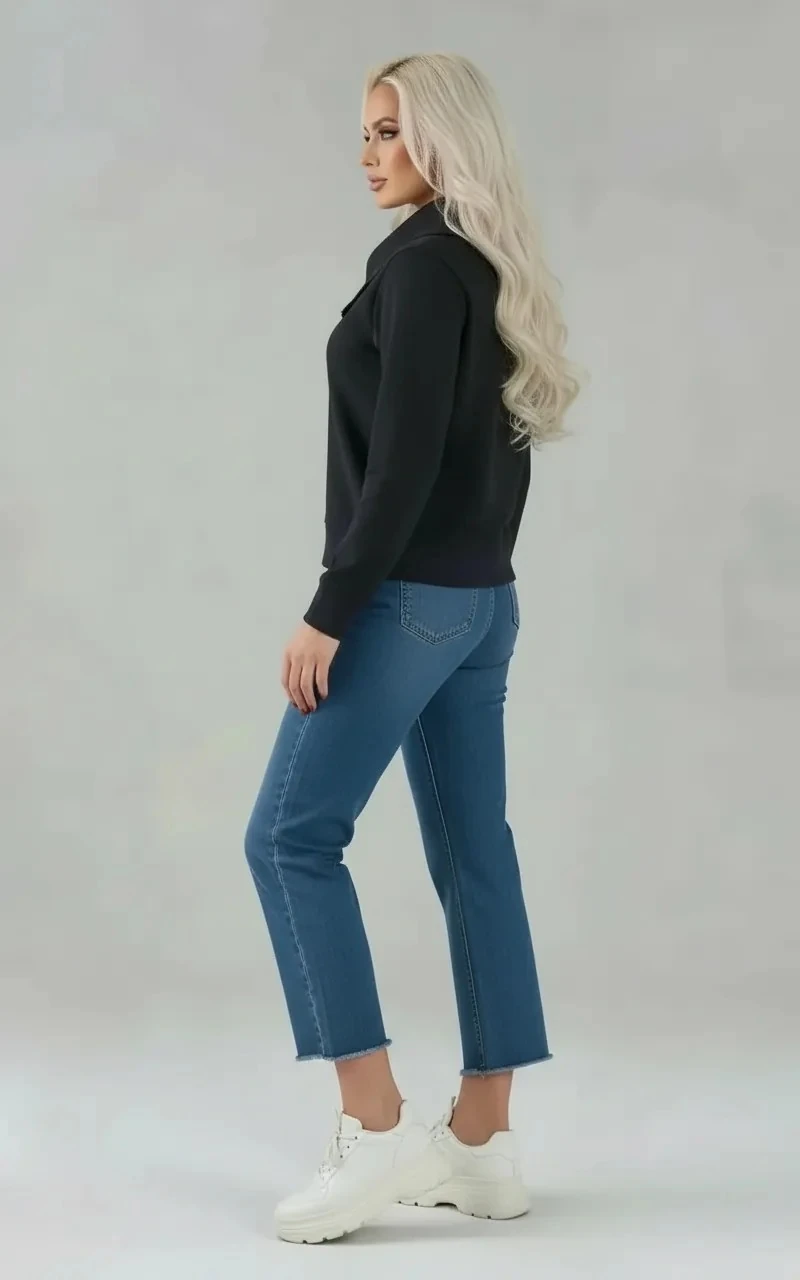 Siyah, Fermuarlı, Asimetrik Yaka Sweatshirt