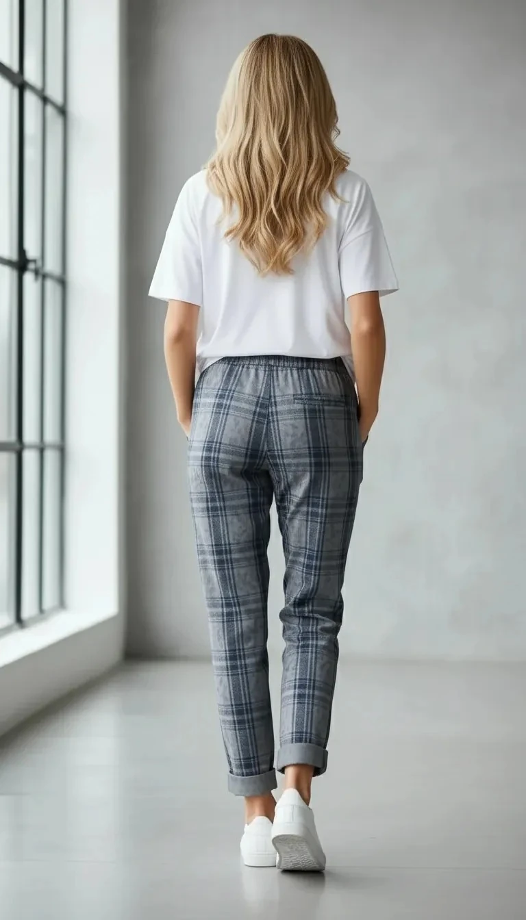 Gri Ekose Desenli Pantolon