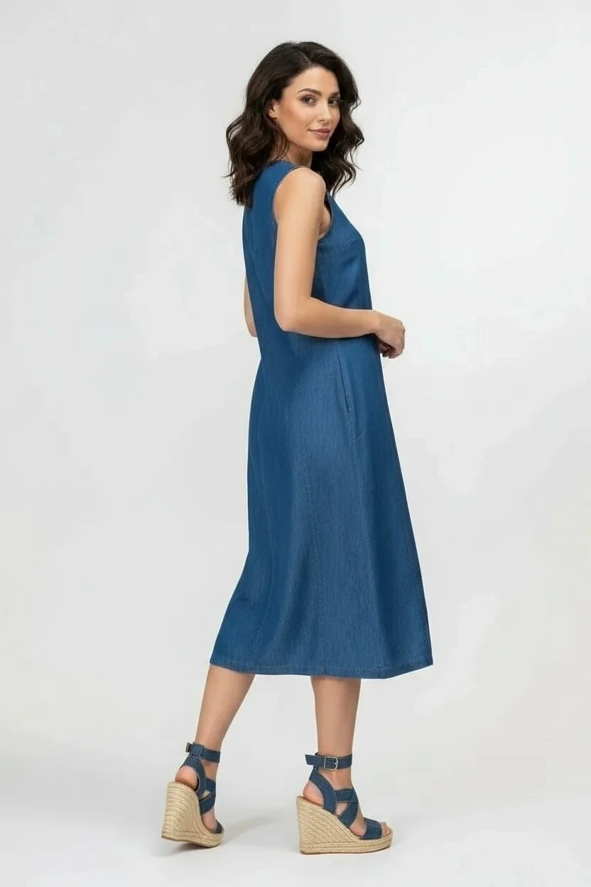 Kadın Yırtmaçlı V Yakalı Kolsuz Pamuklu Elbise mavi kot