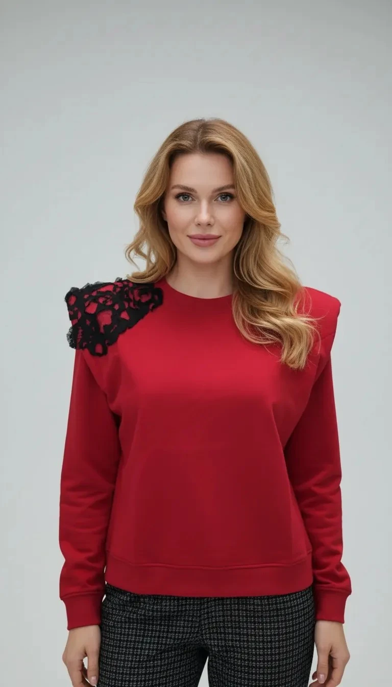 Vatkalı Dantel İşli Pamuklu Kazak