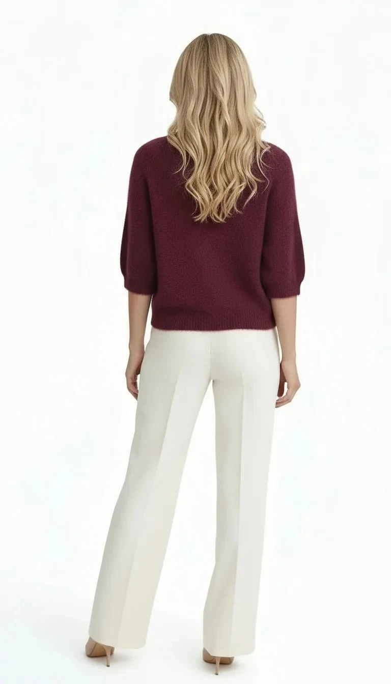 Bordo Tüylü V Yaka Kısa Kollu Triko