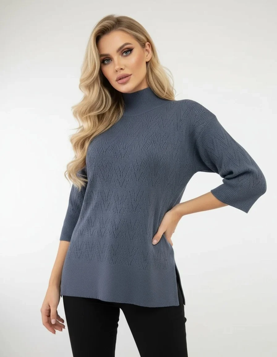 Yüksek Yaka Geniş Kollu Örme Kazak