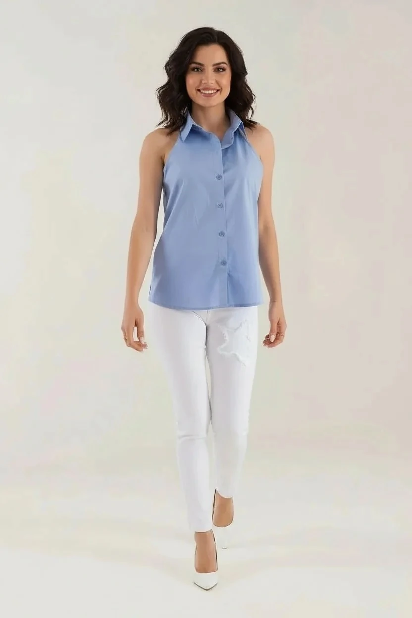 Sierra Otantik Kadın Kolsuz Gömlek – Halter Kesim, Klasik Yaka Düğmeli Açık Mavi Yazlık Bluz