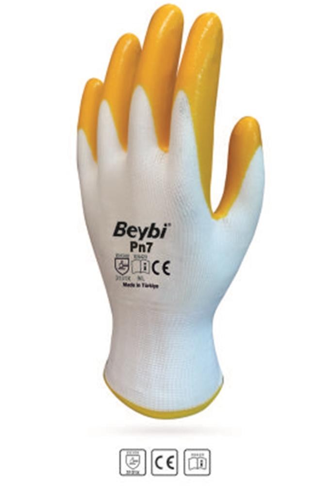 Beybi Nitril Poly PN7 9 Beden Beyaz Sarı Eldiven 12li Paket 