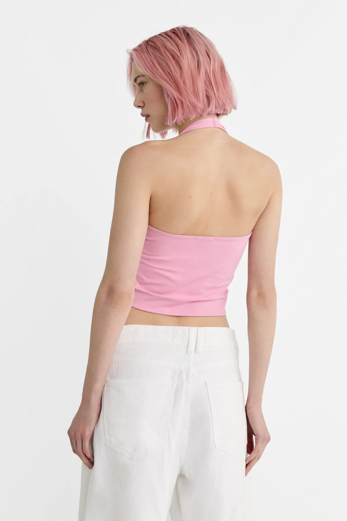 Kadın Halter Yaka Crop Top Body - Pembe