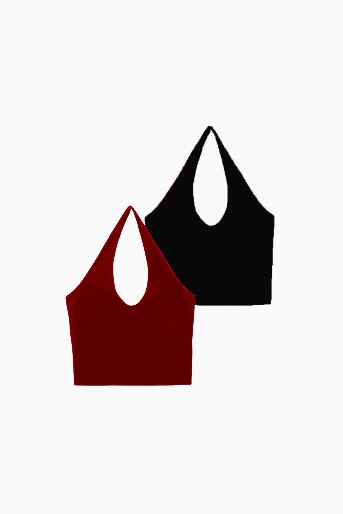 Kadın 2'li Halter Yaka Crop Top Body - siyah bordo