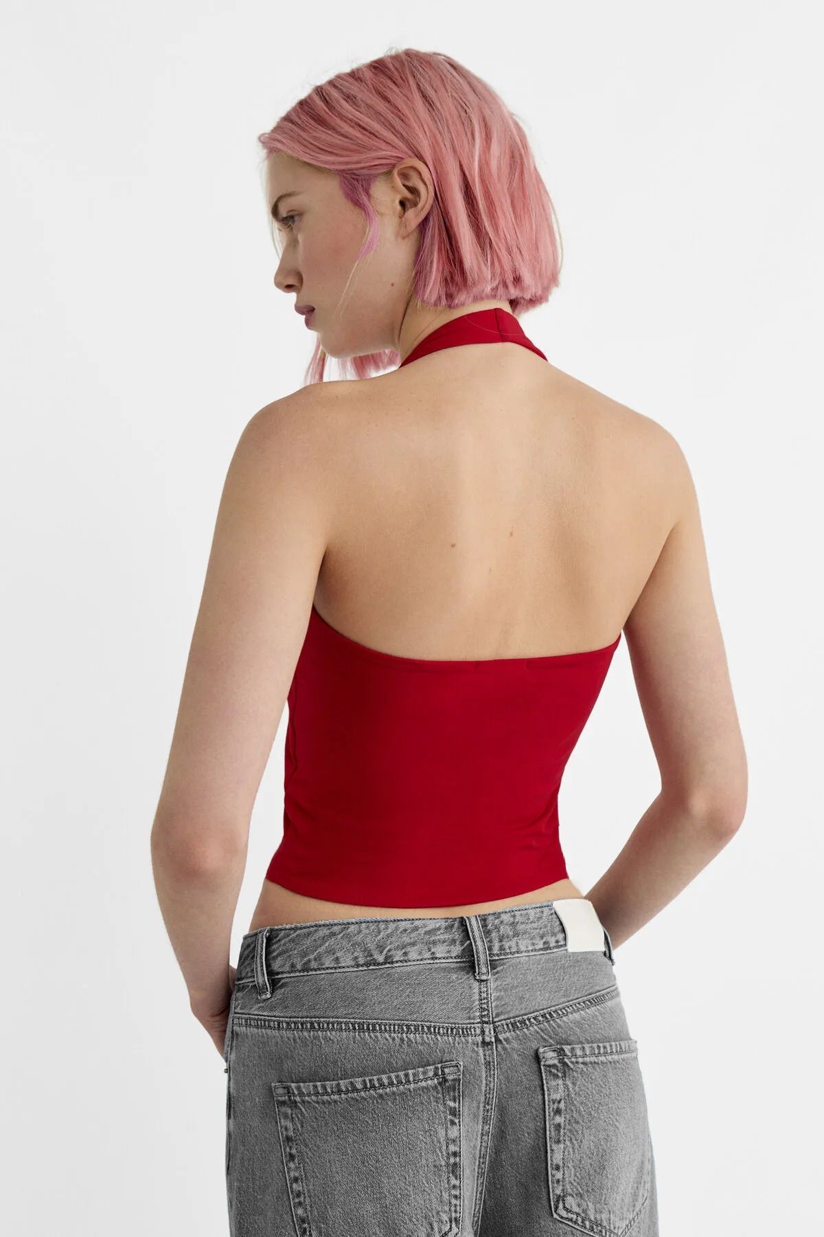 Kadın Halter Yaka Crop Top Body - Bordo