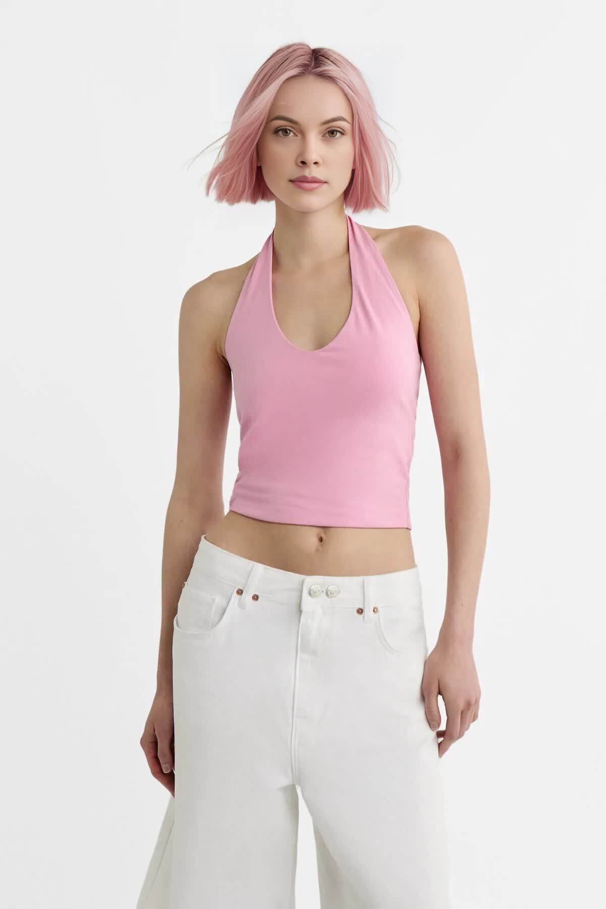 Kadın 2'li Halter Yaka Crop Top Body - pembe beyaz