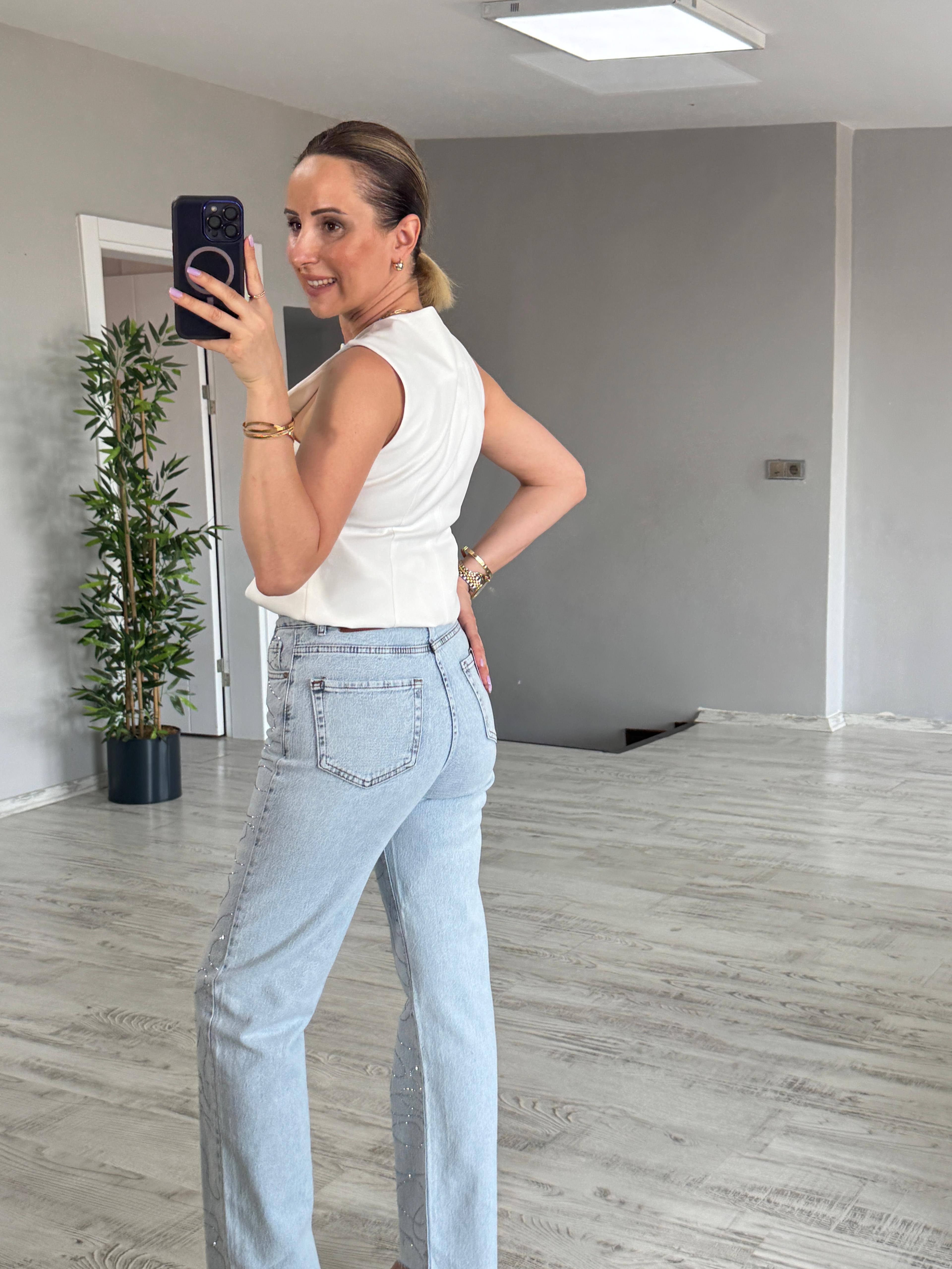Buz Mavi Taşlı Jean 