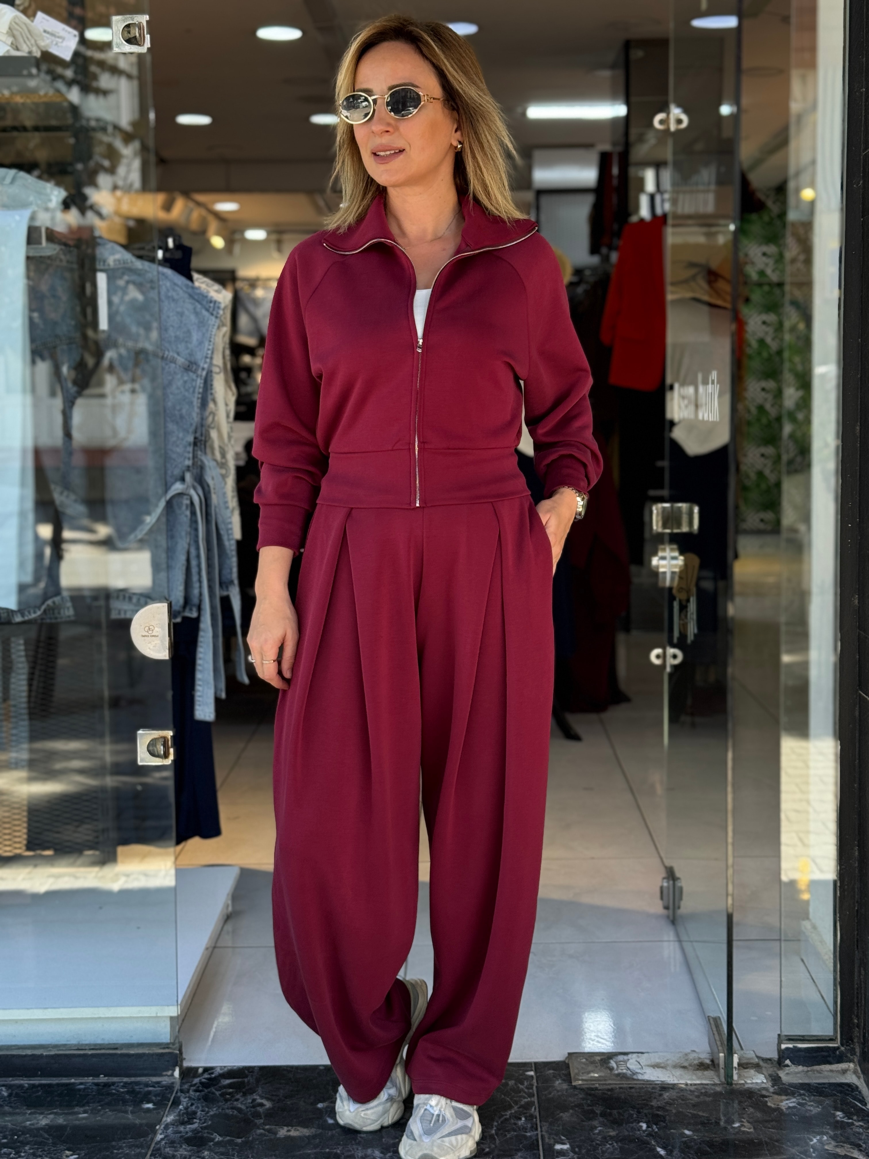 Fermuarlı Modal Takım - Bordo