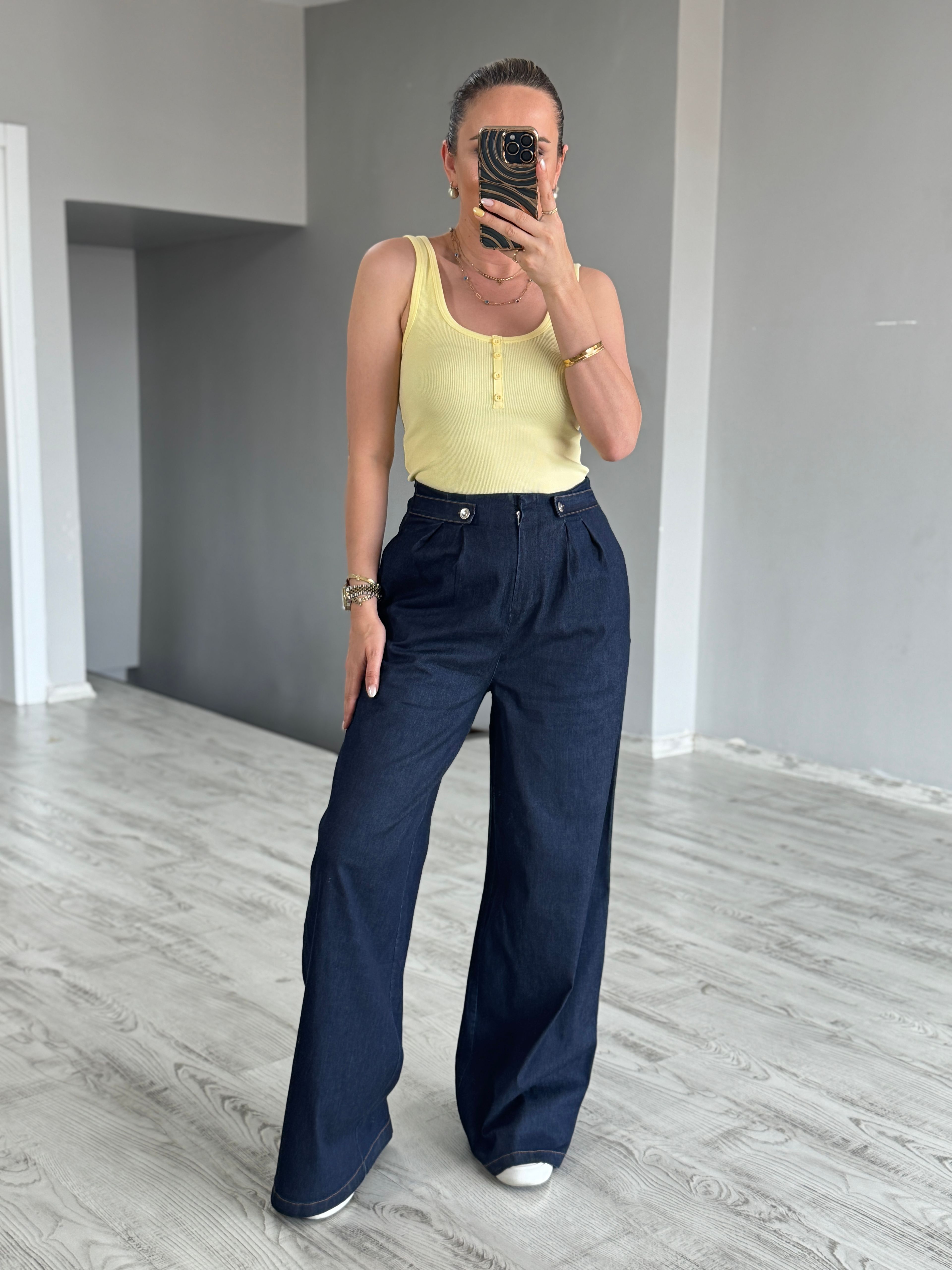 Lacivert Bel Düğmeli Jean