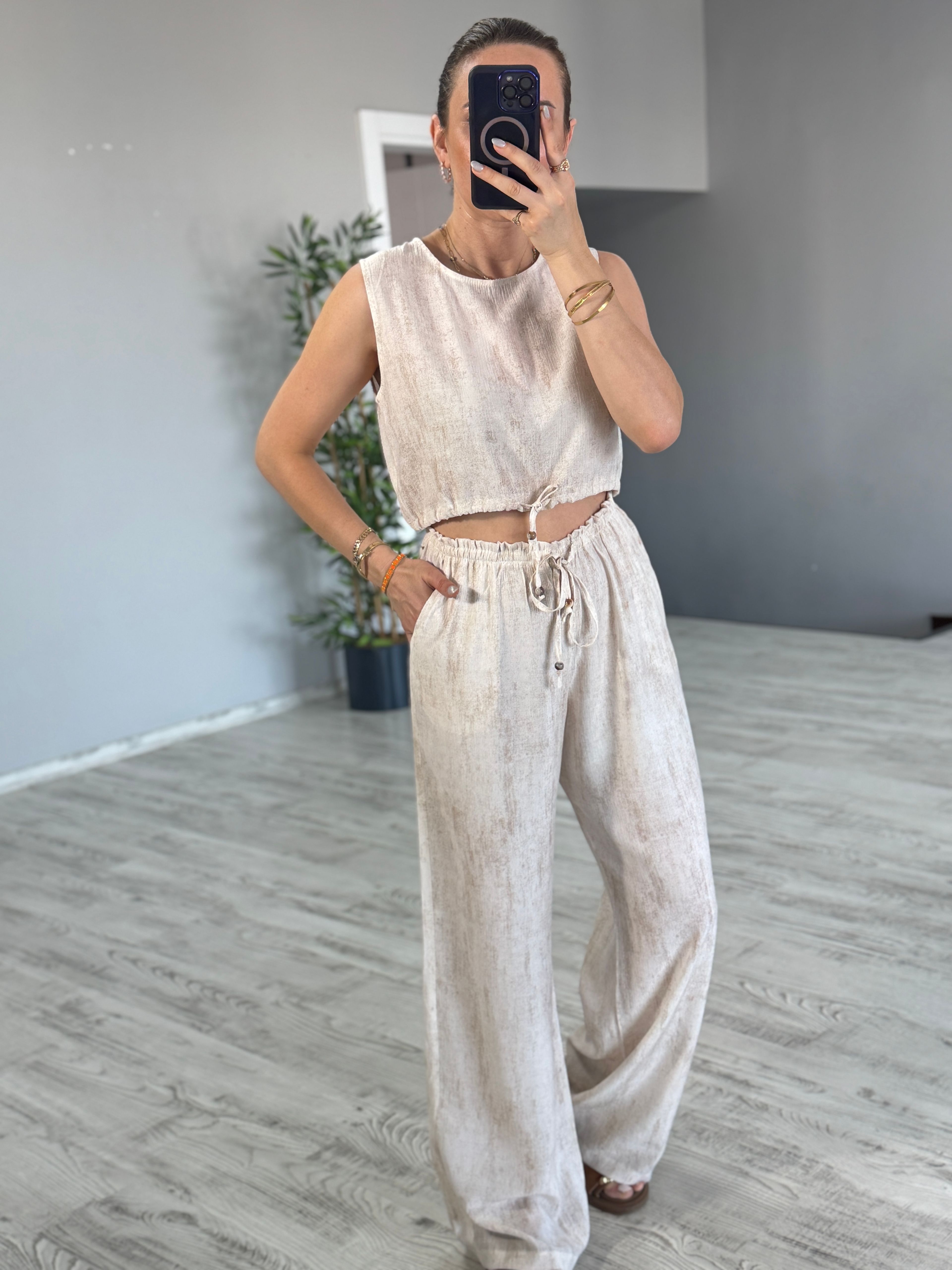Natural Boncuklu Bluz Pantolon Takım