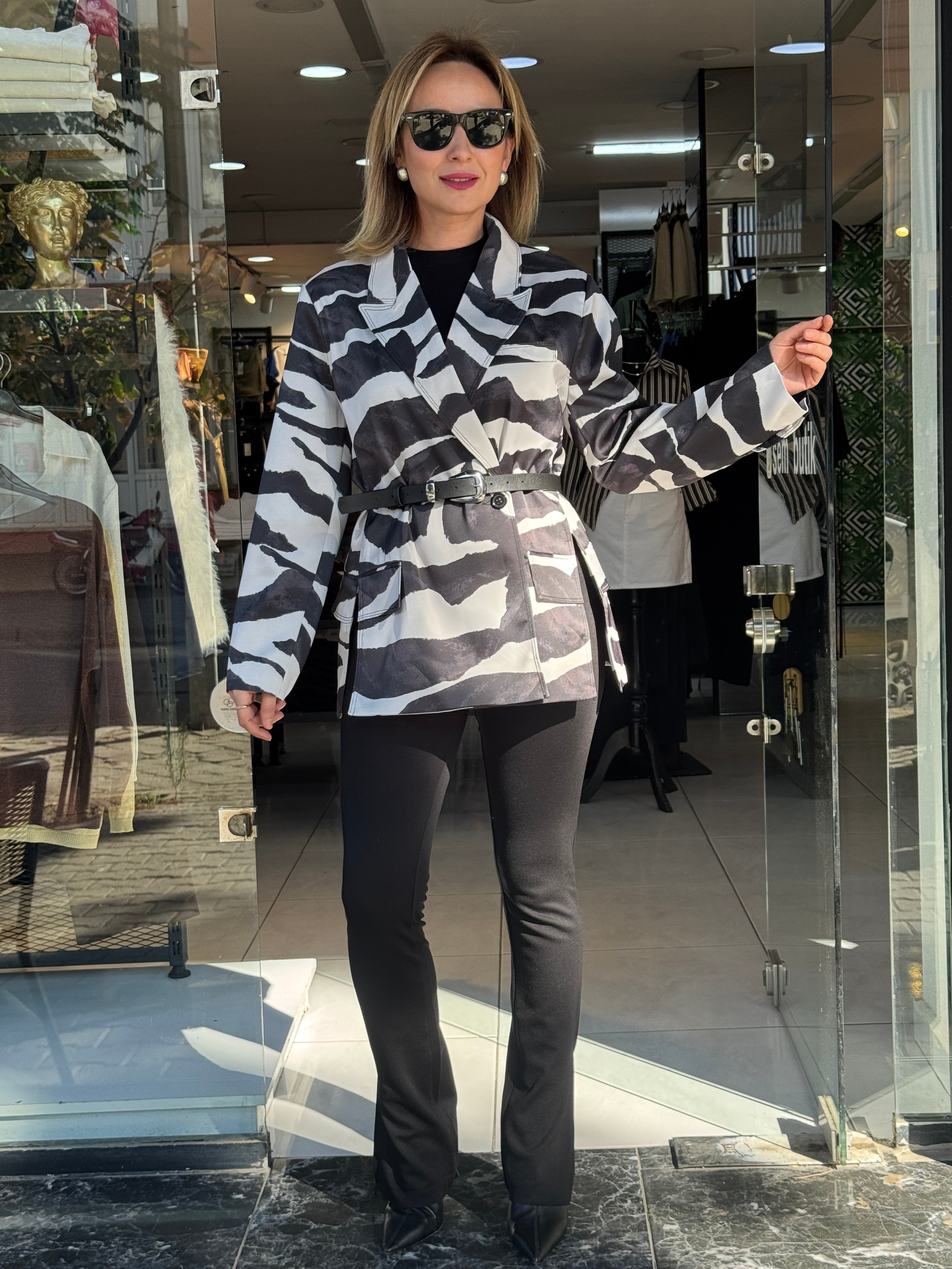 Zebra Desen Saten Blazer