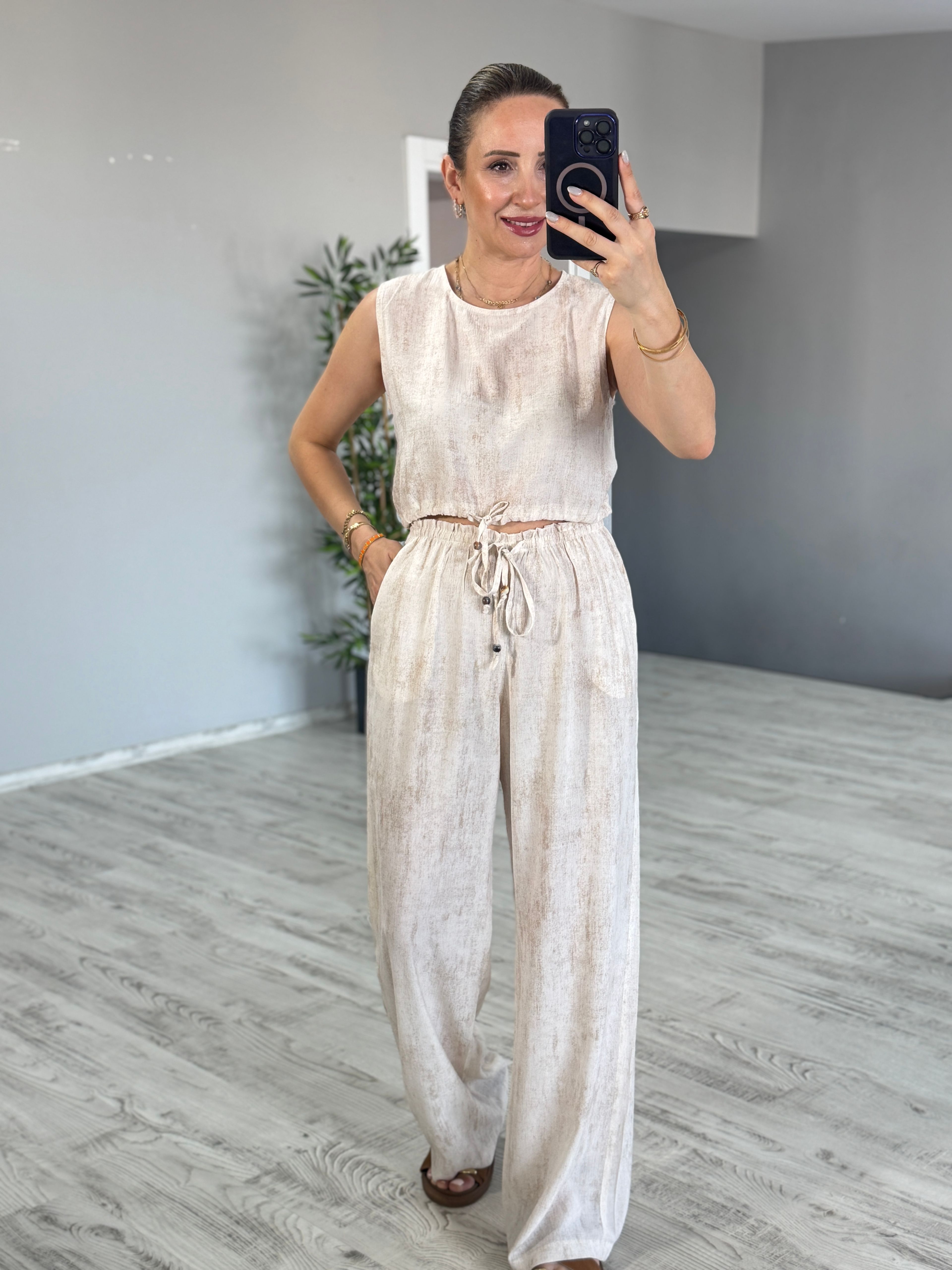 Natural Boncuklu Bluz Pantolon Takım
