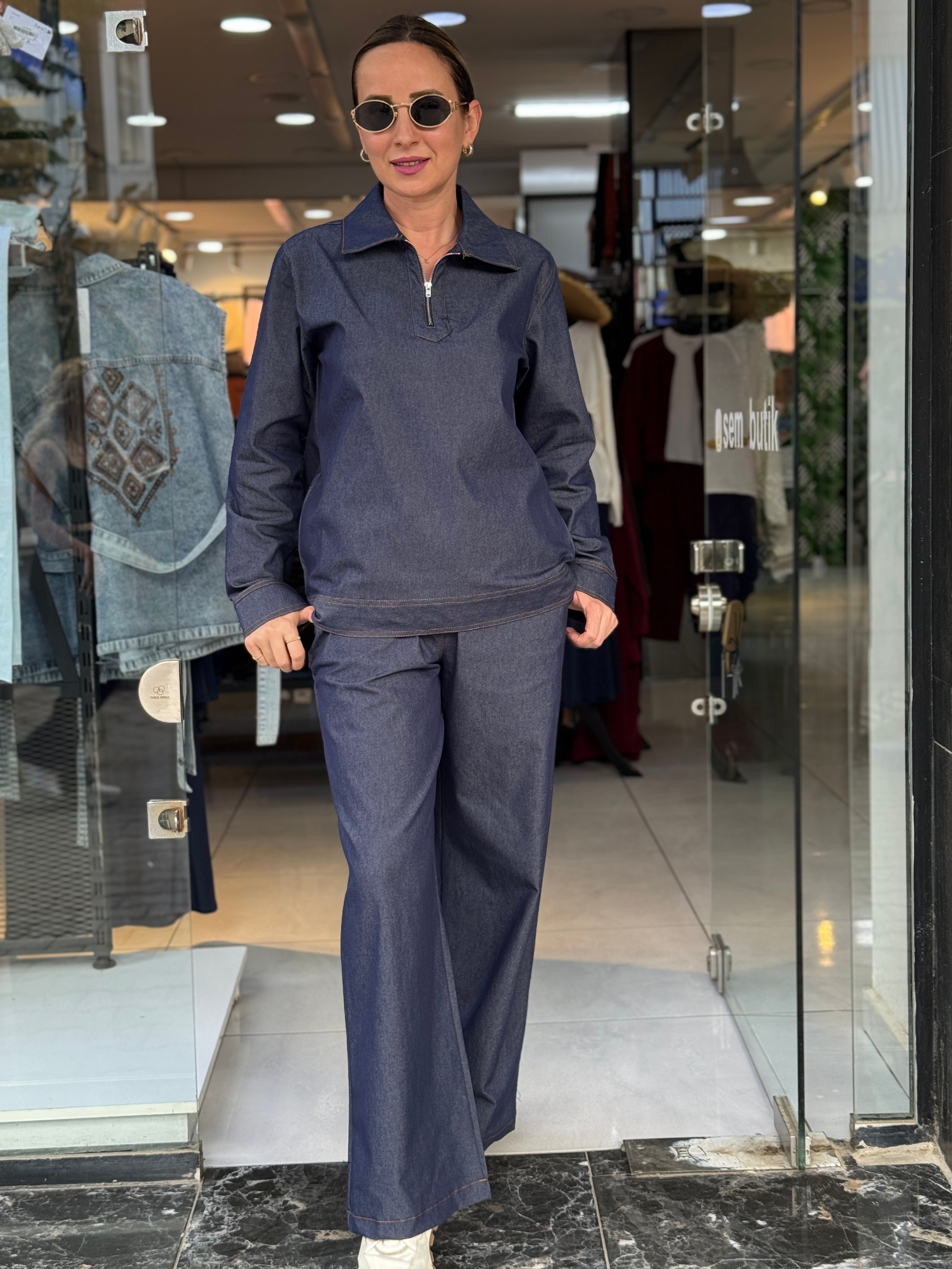 Yaka Fermuarlı Denim Takım