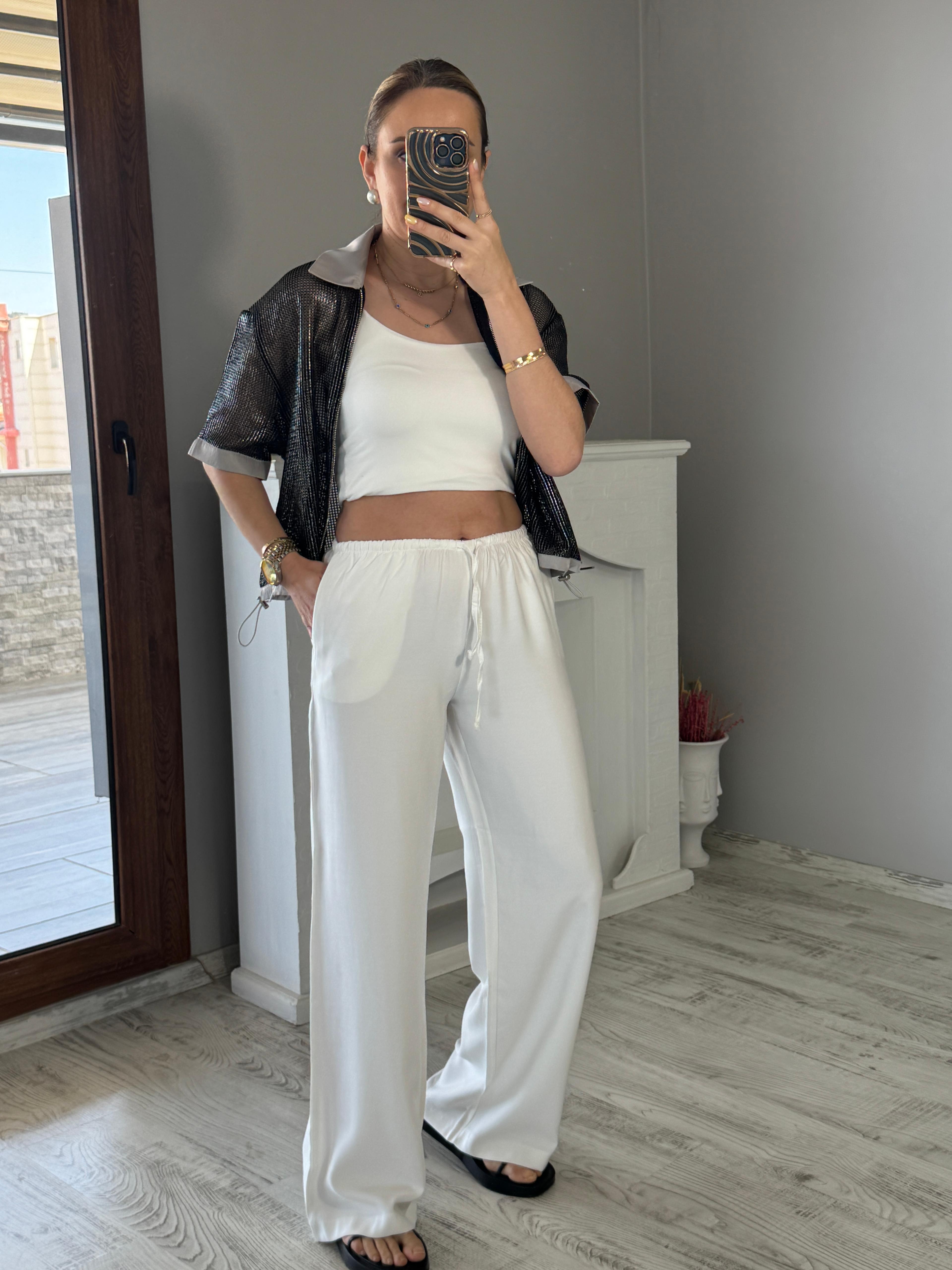 Bel Lastikli Beyaz Pantolon 