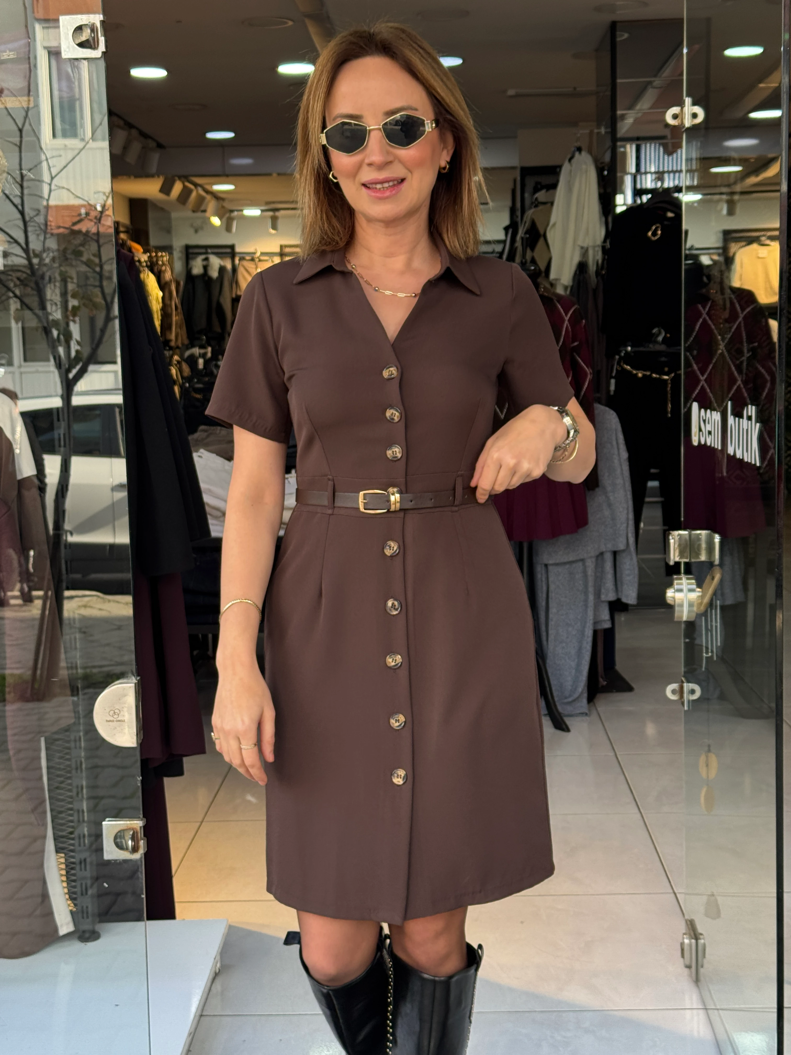 Kemerli Kahve Elbise