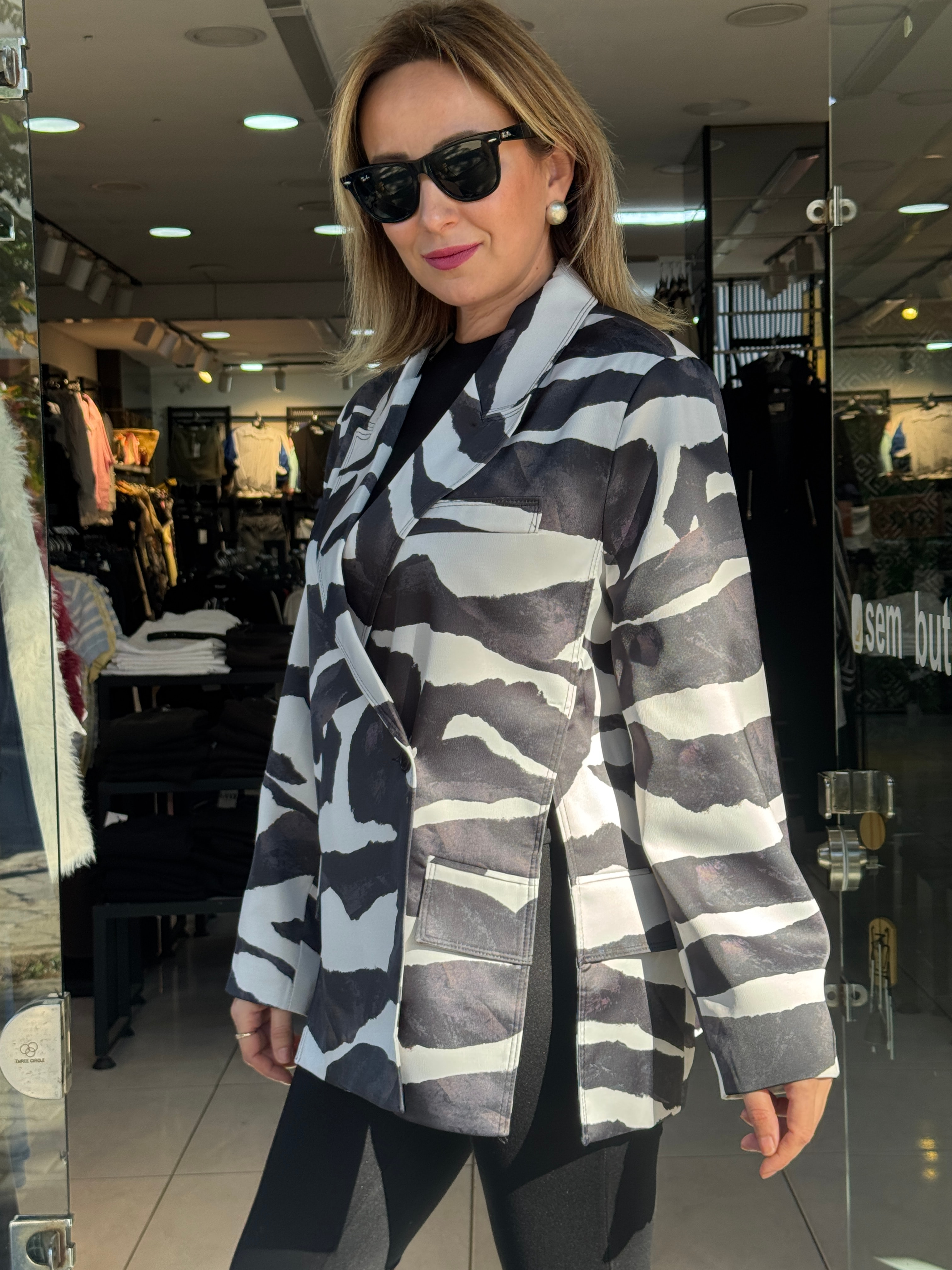 Zebra Desen Saten Blazer
