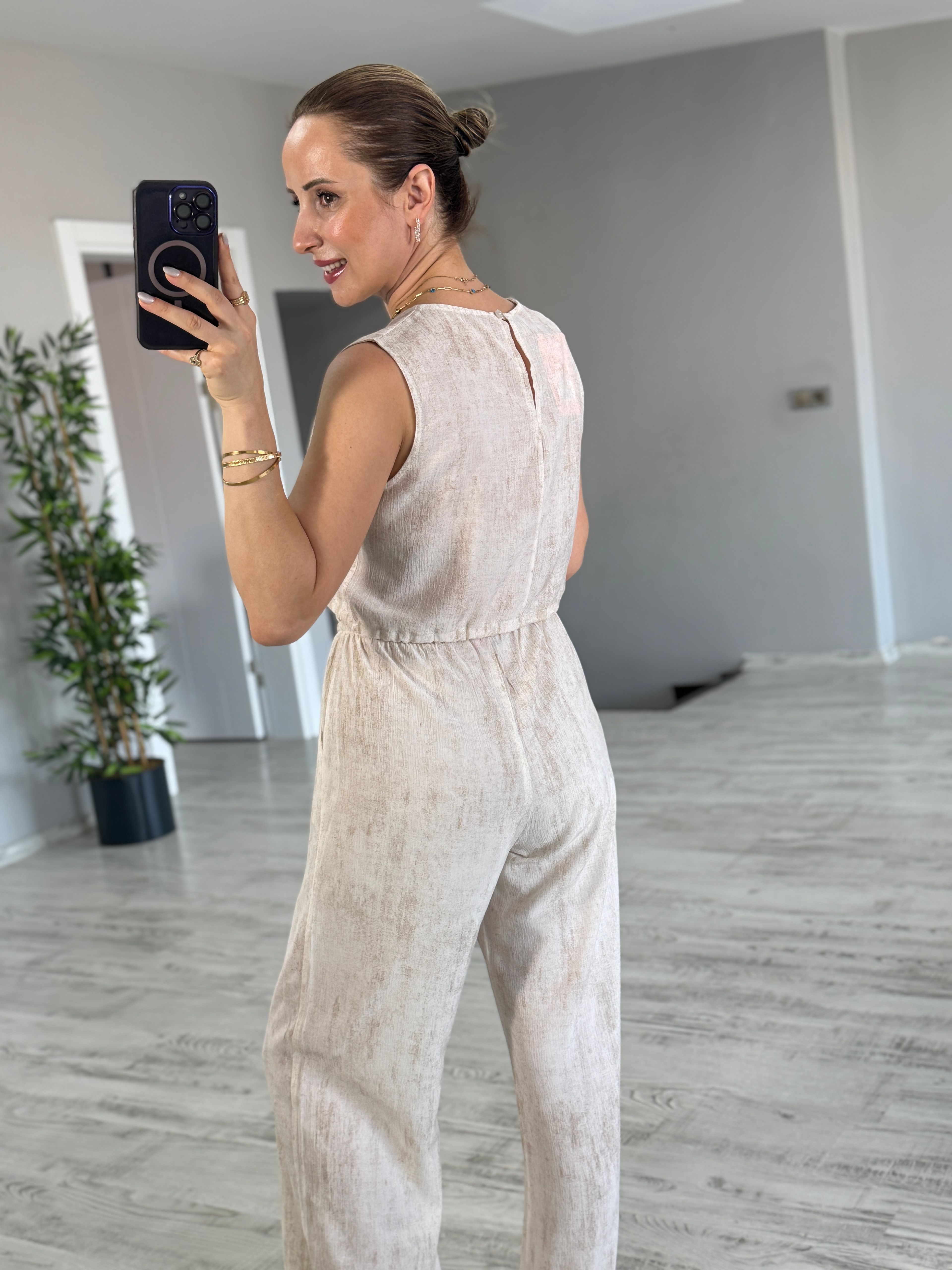 Natural Boncuklu Bluz Pantolon Takım