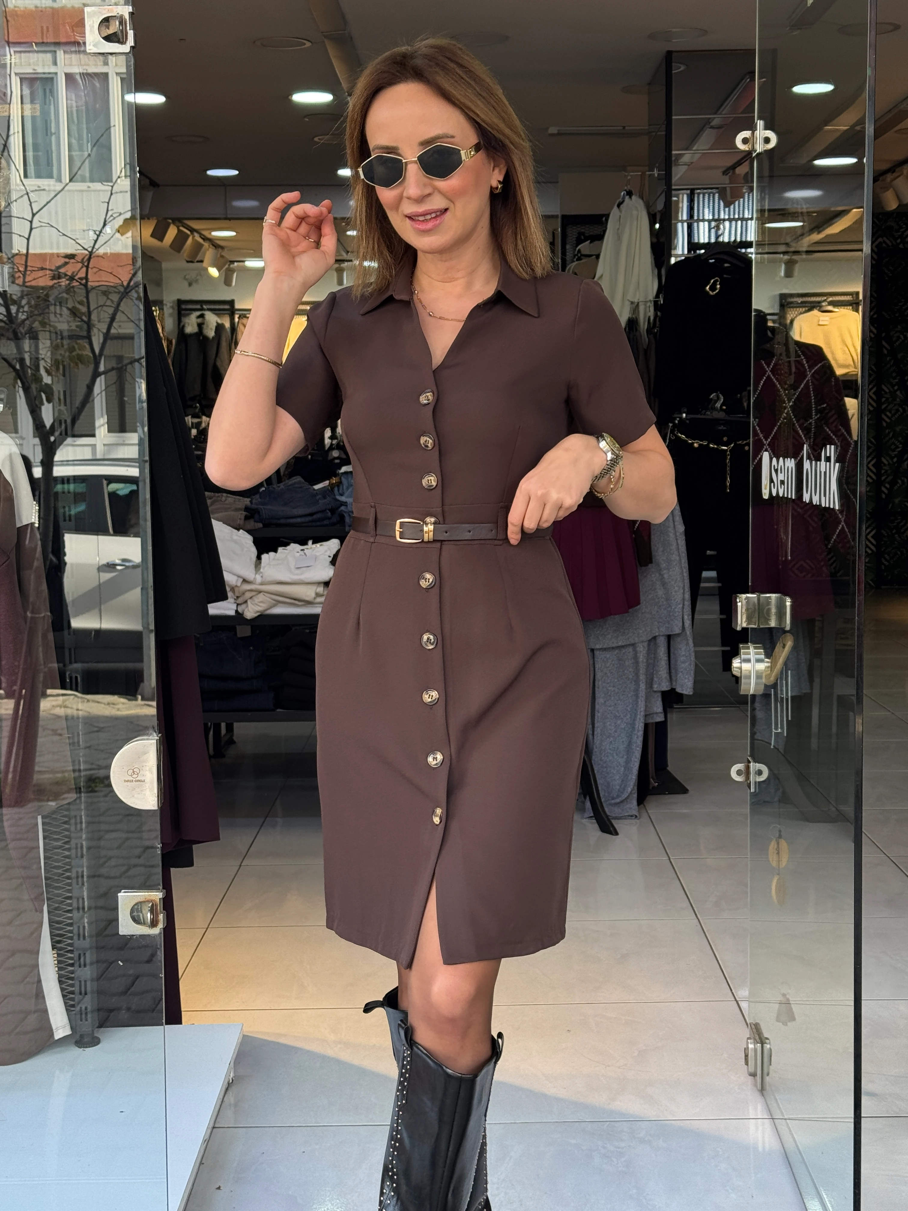 Kemerli Kahve Elbise