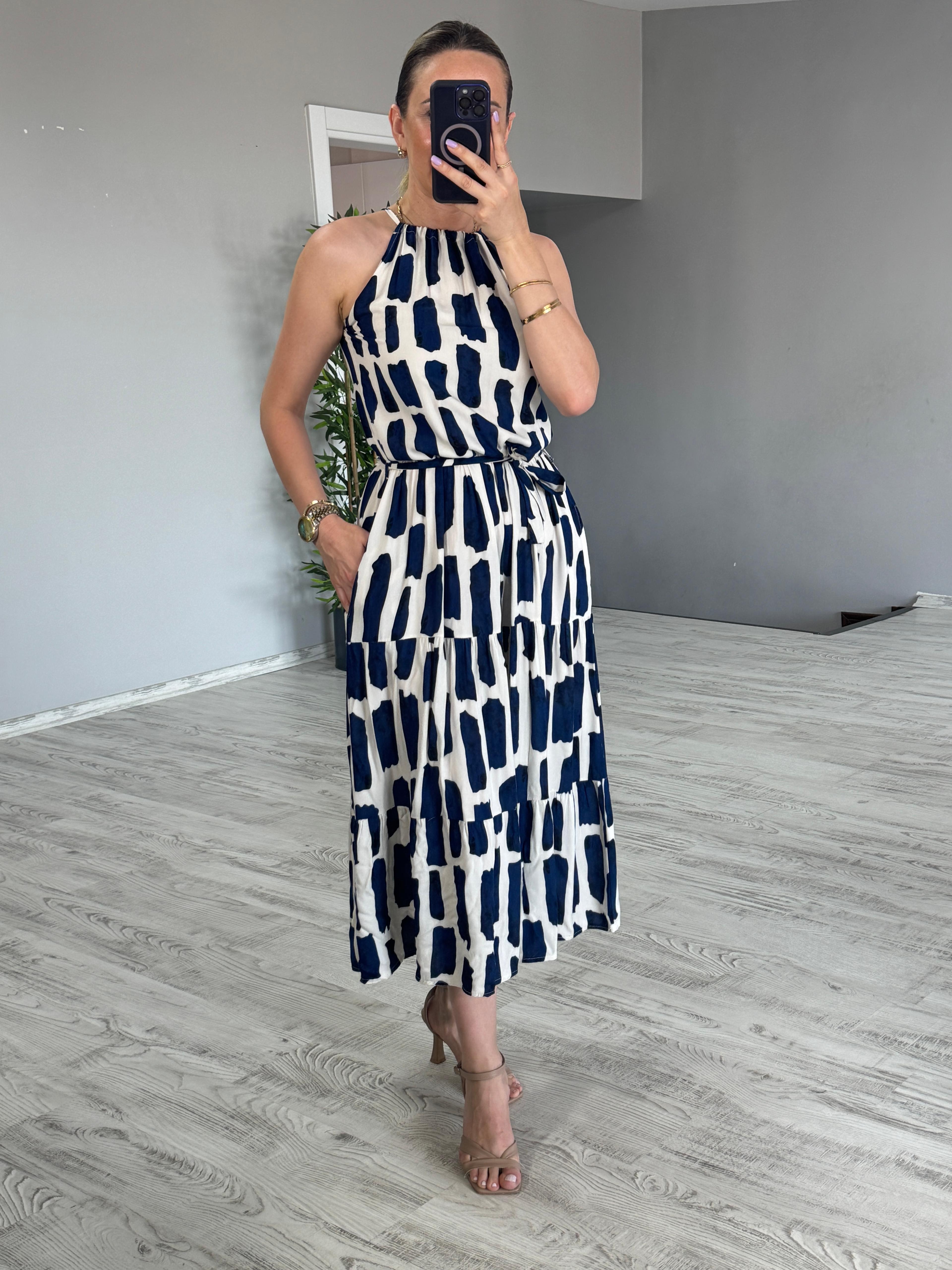 Halter Yaka Desenli Elbise