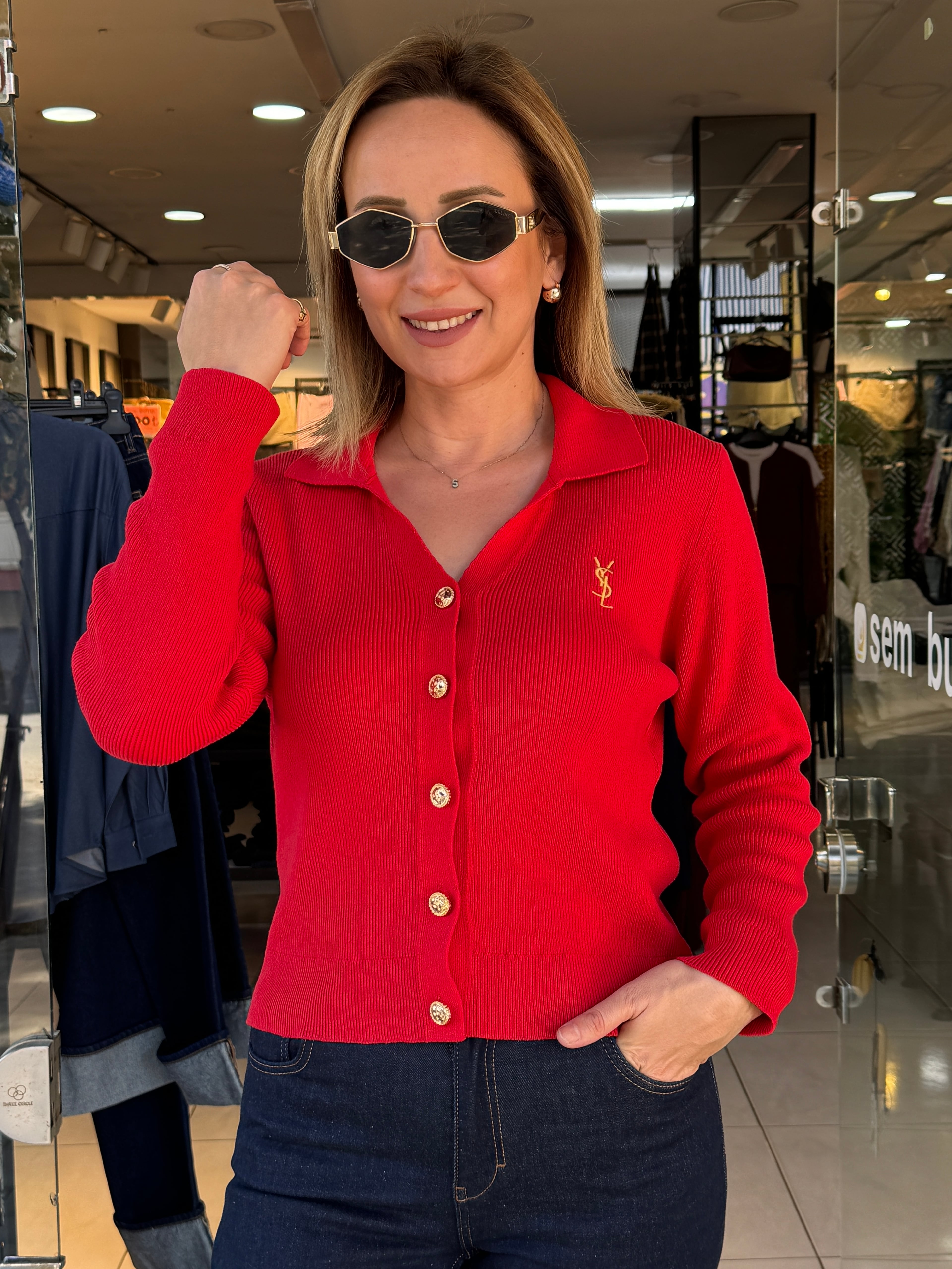 Polo Yaka Gold Düğmeli Hırka - Kırmızı