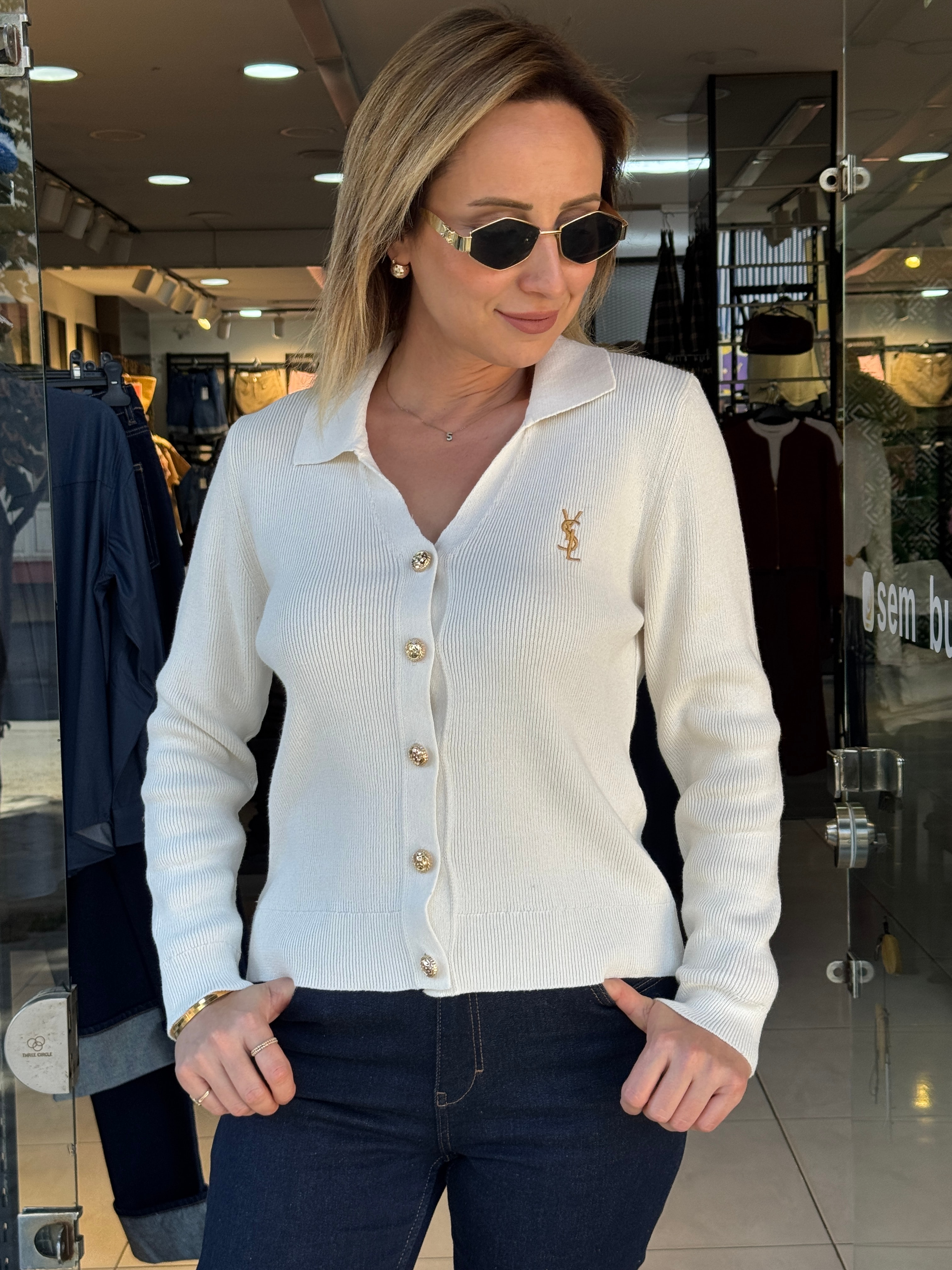 Polo Yaka Gold Düğmeli Hırka - Beyaz