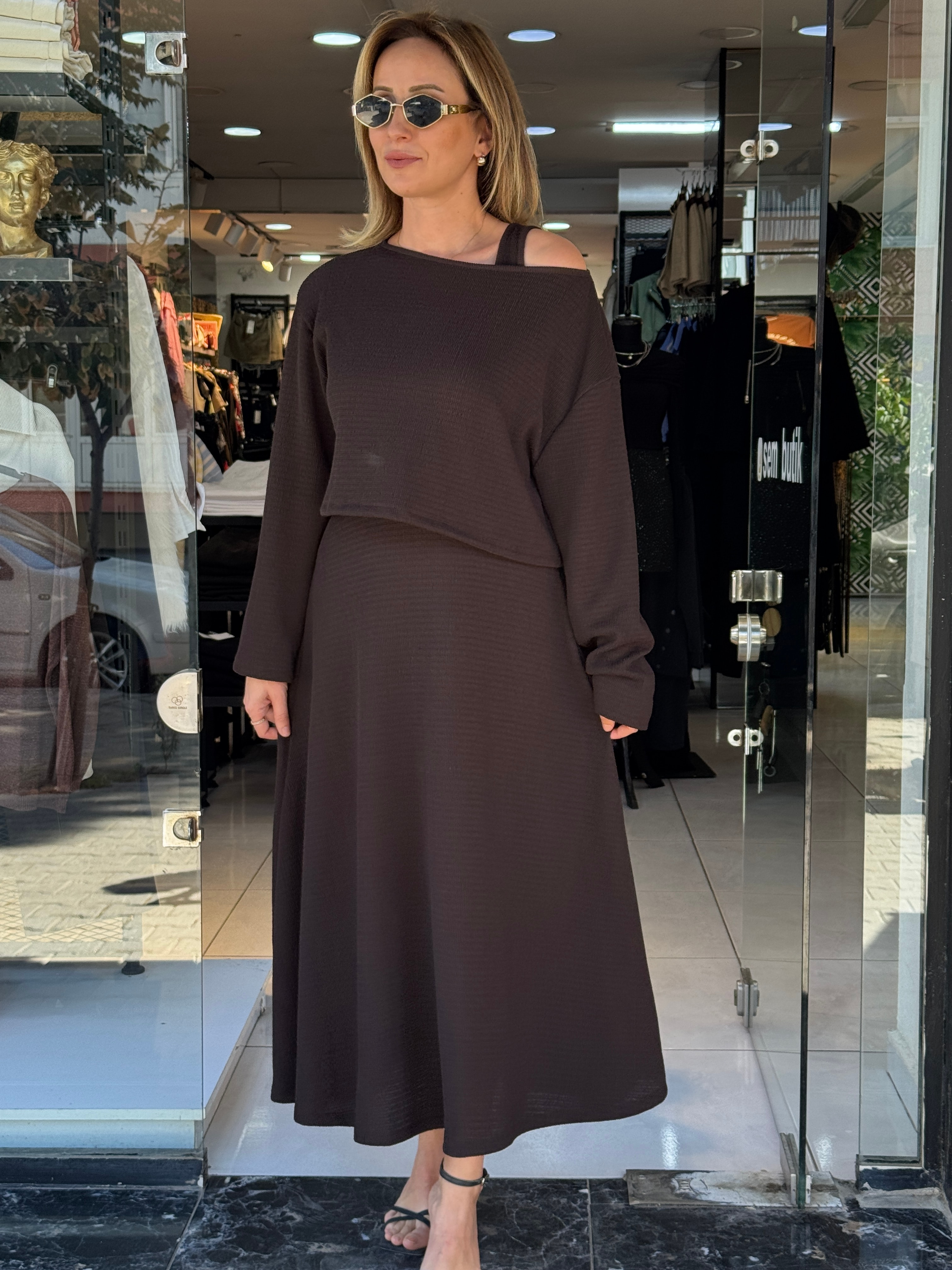 Bluz Detaylı Elbise - Kahve