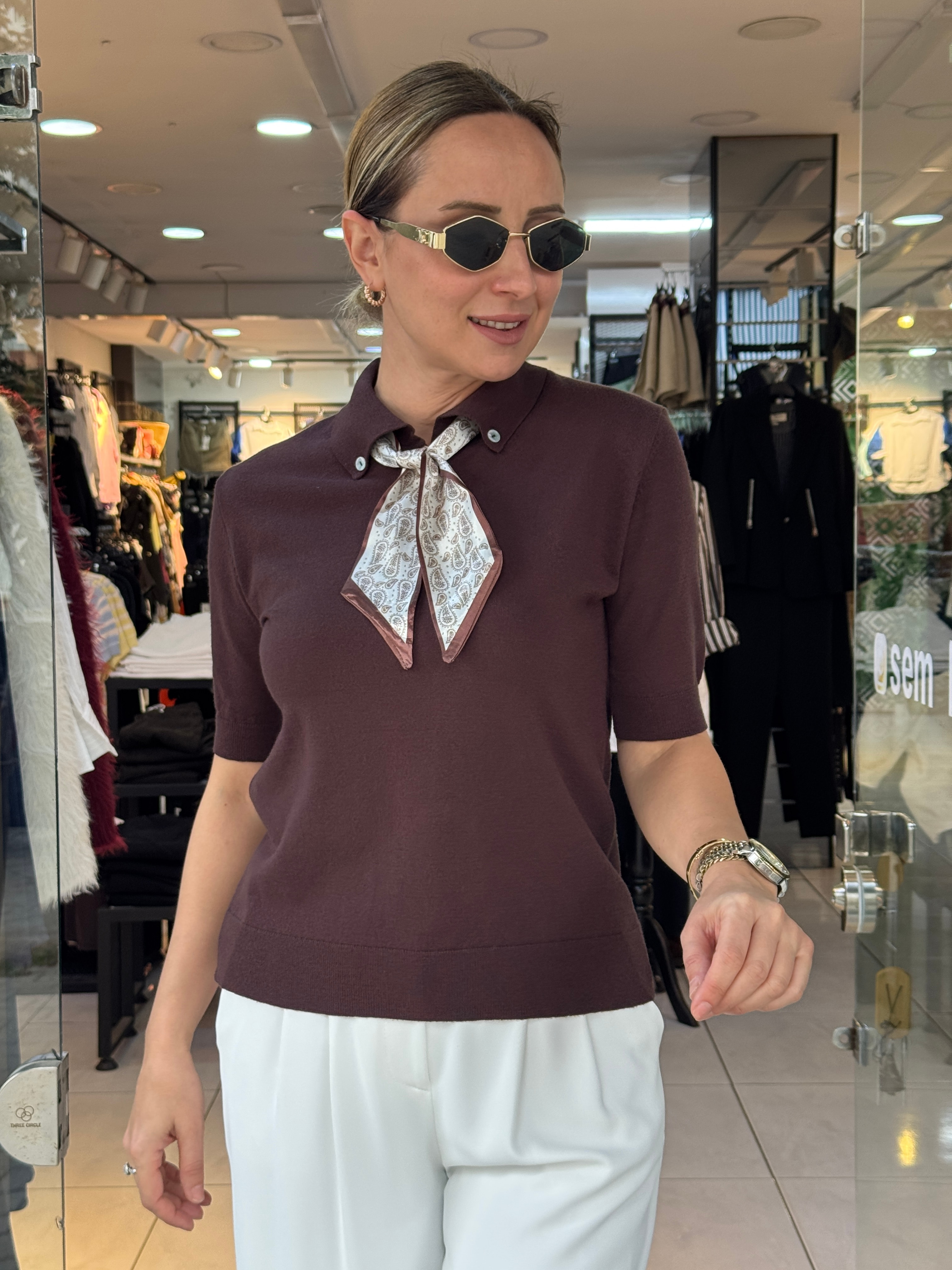 Fularlı Polo Yaka Triko - Kahve