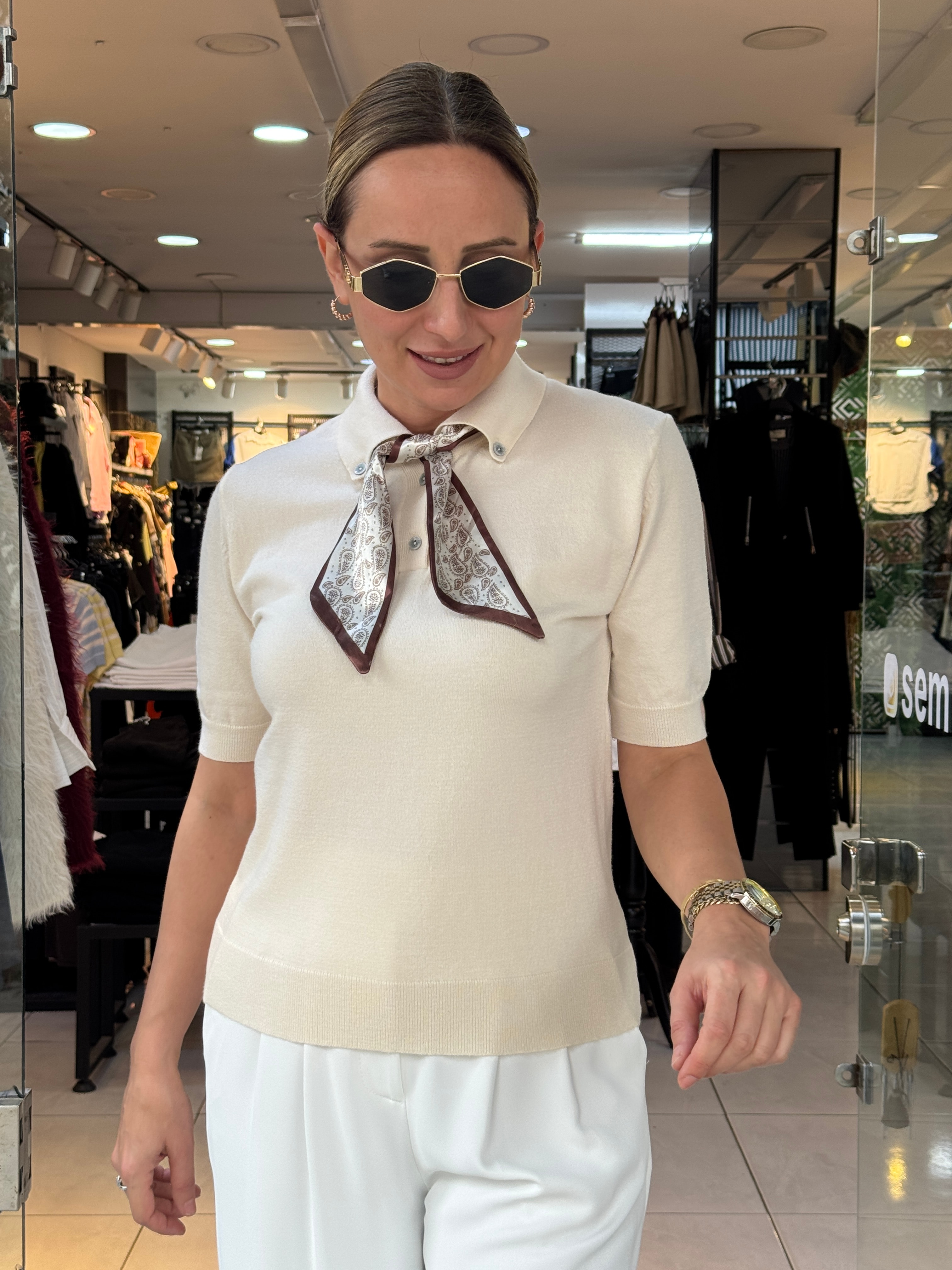 Fularlı Polo Yaka Triko - Krem