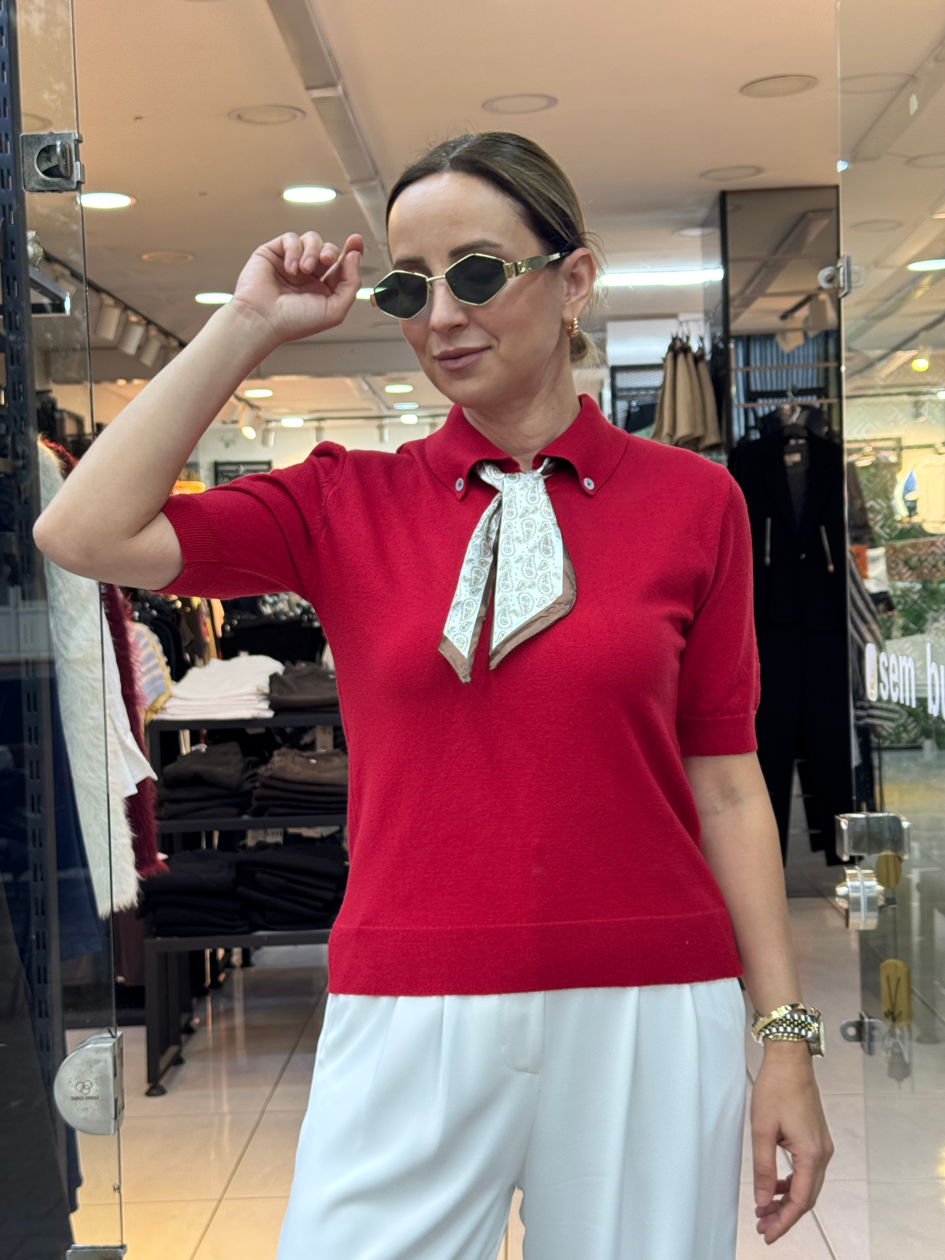 Fularlı Polo Yaka Triko - Kırmızı