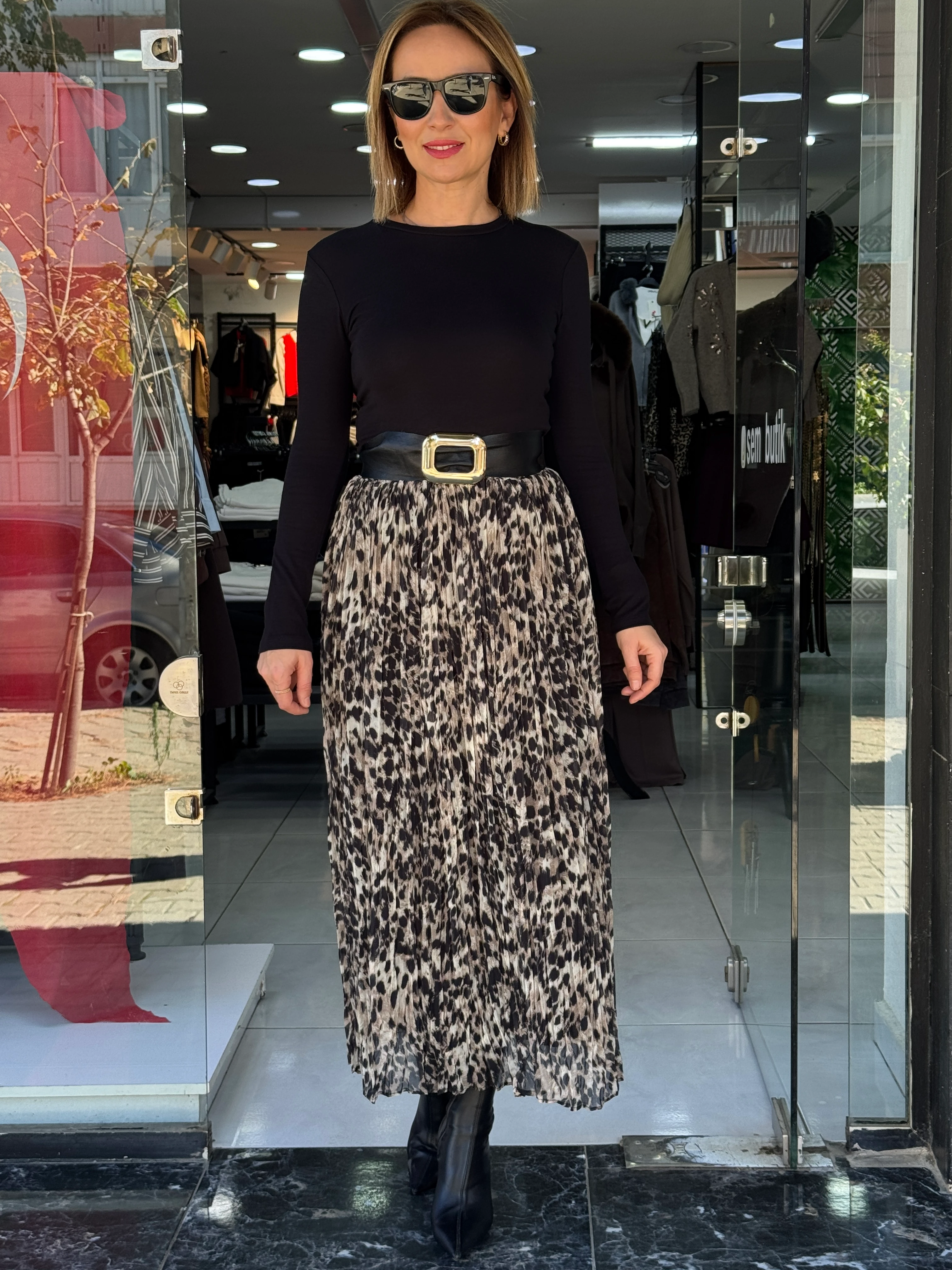 Leopar Desen Kraşlı Etek