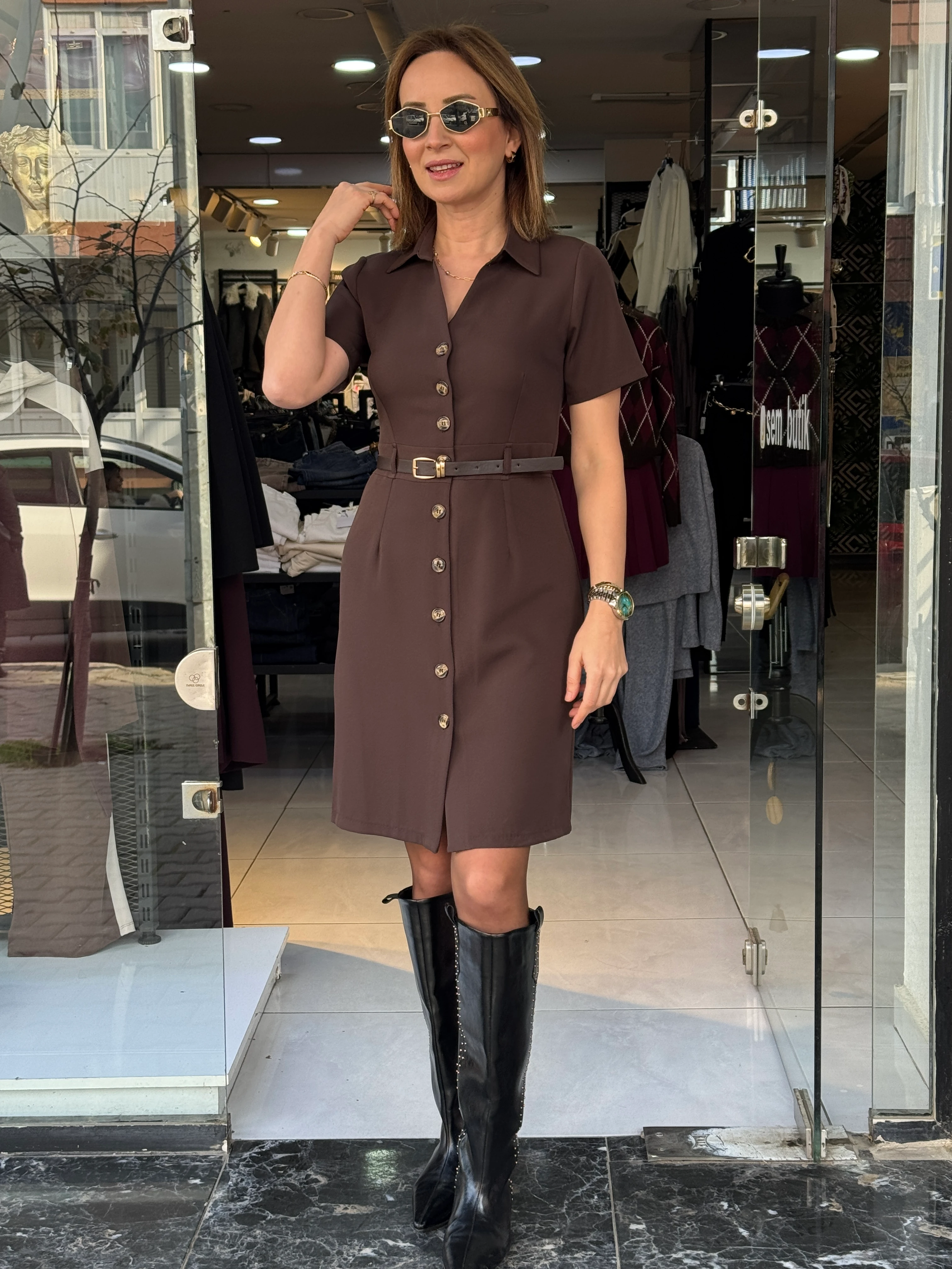 Kemerli Kahve Elbise