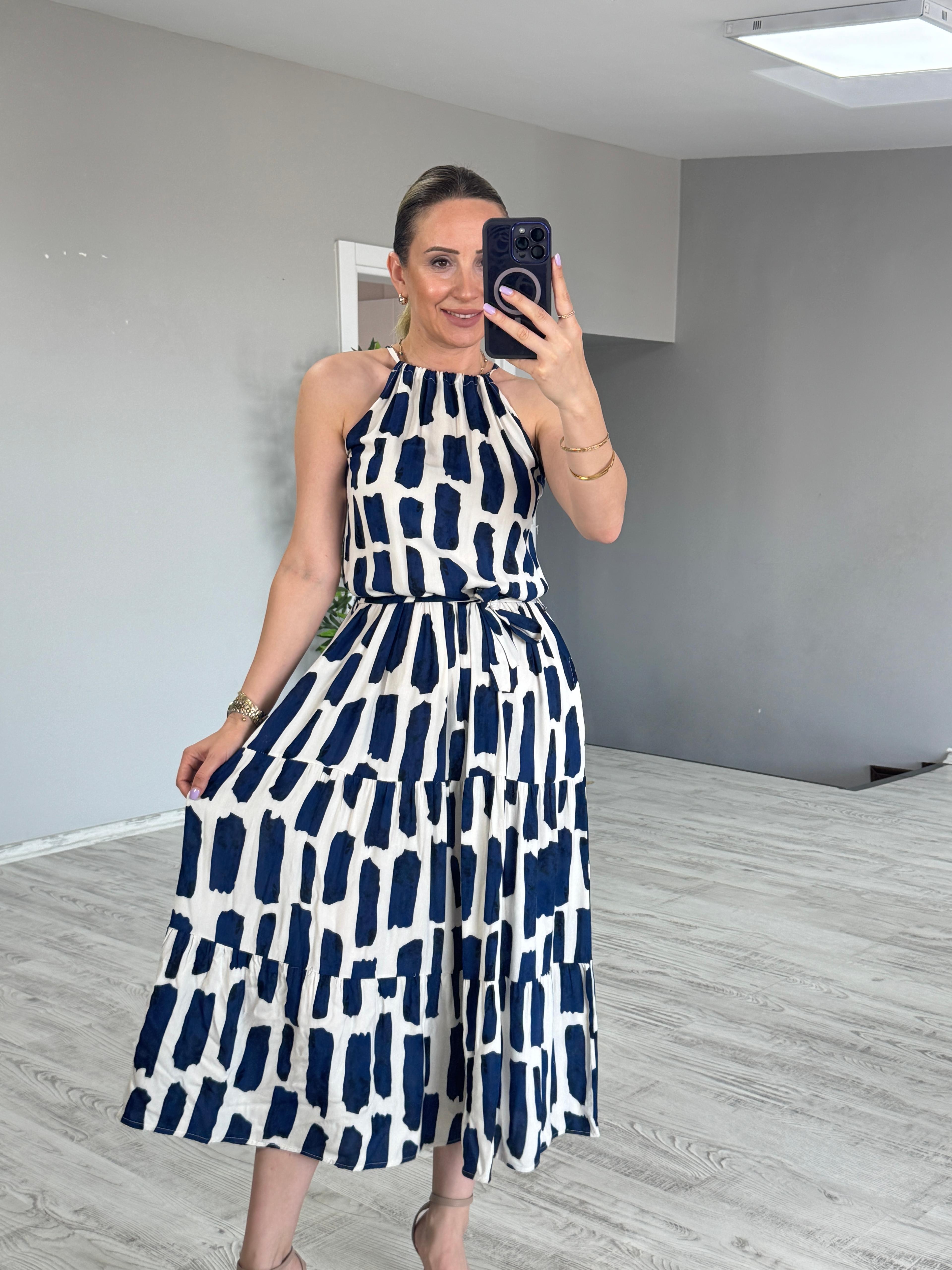Halter Yaka Desenli Elbise