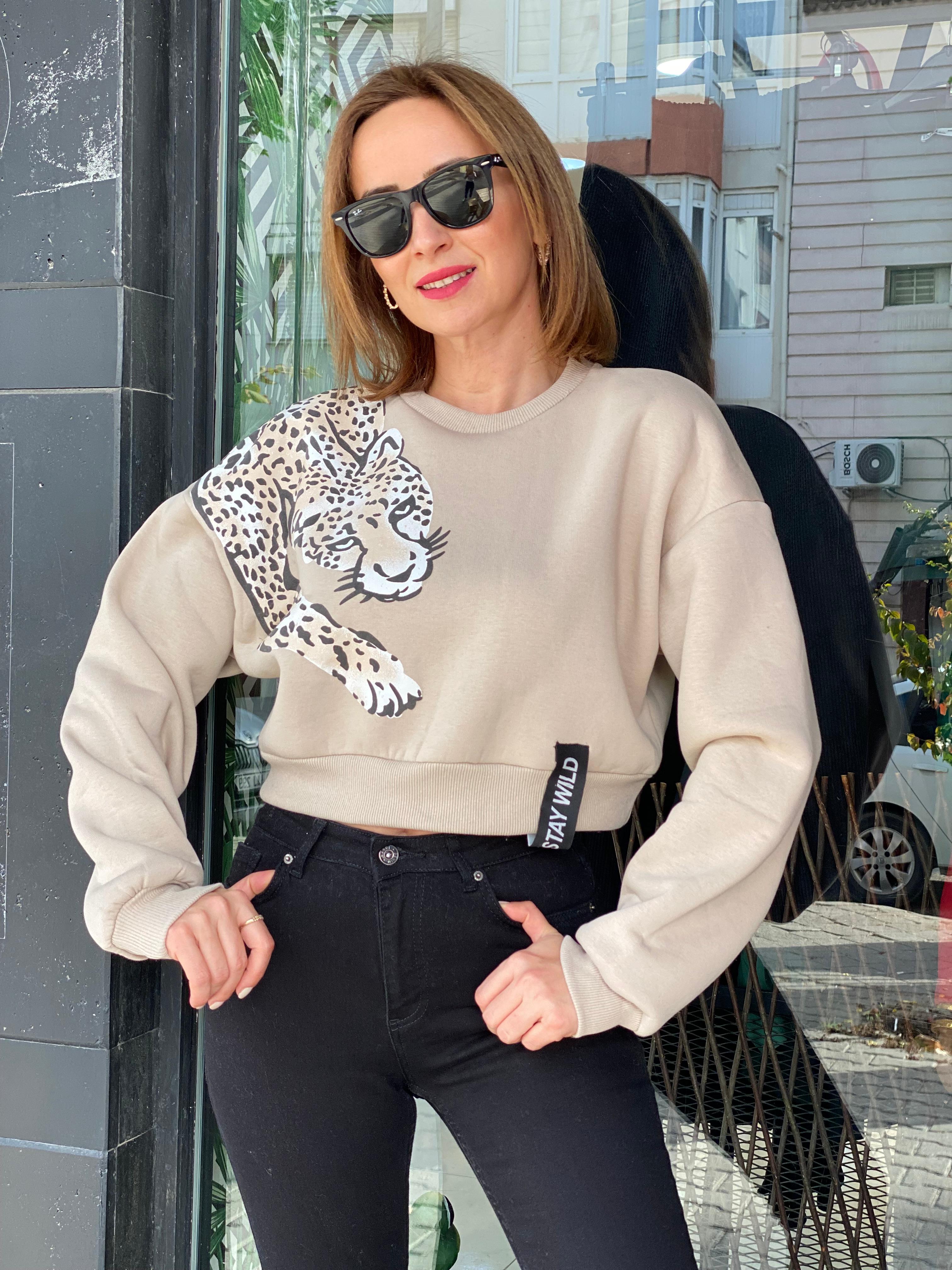 Krem Leopar Detaylı Crop Sweat