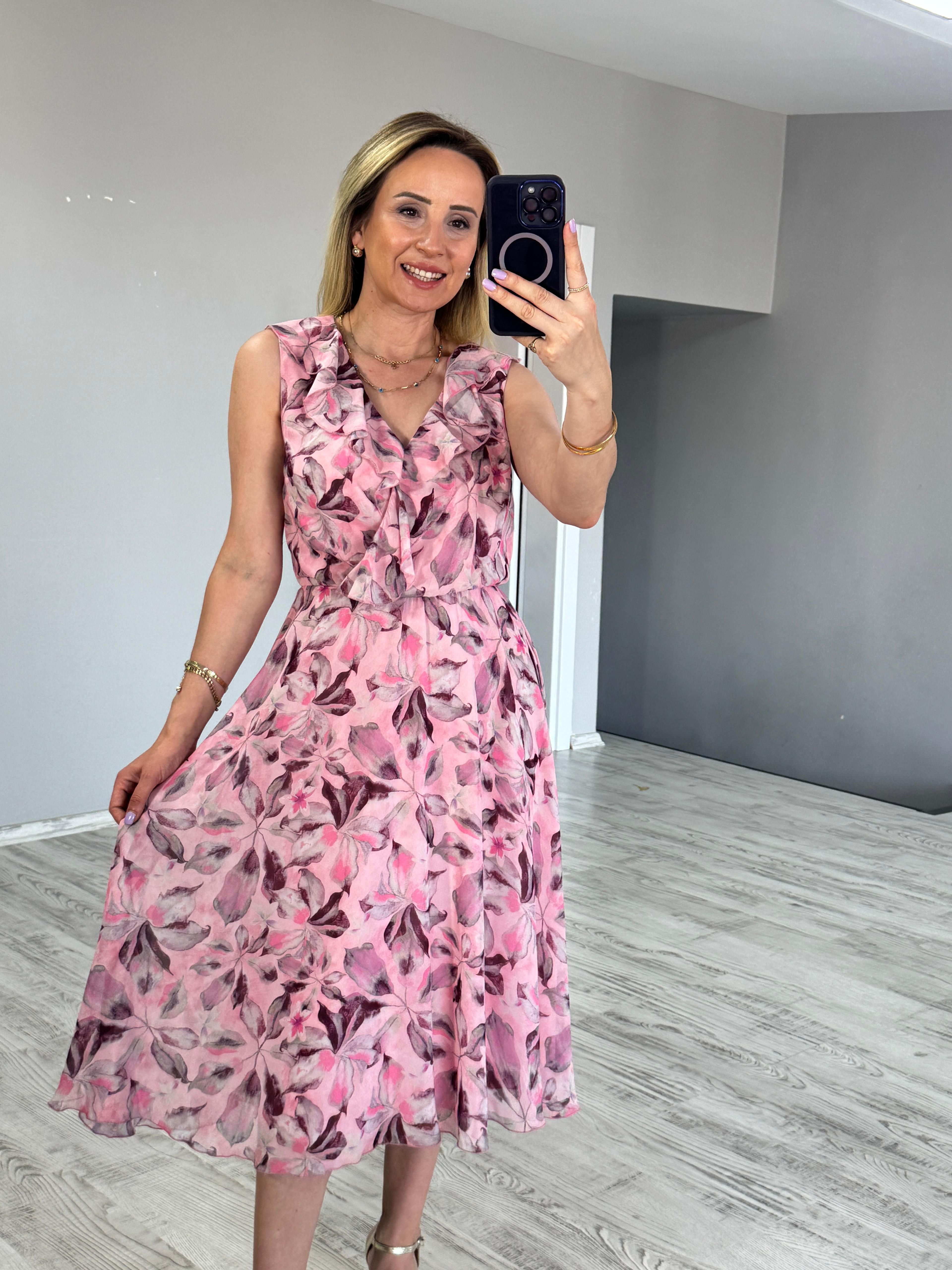 Desenli Şifon Elbise - Pembe