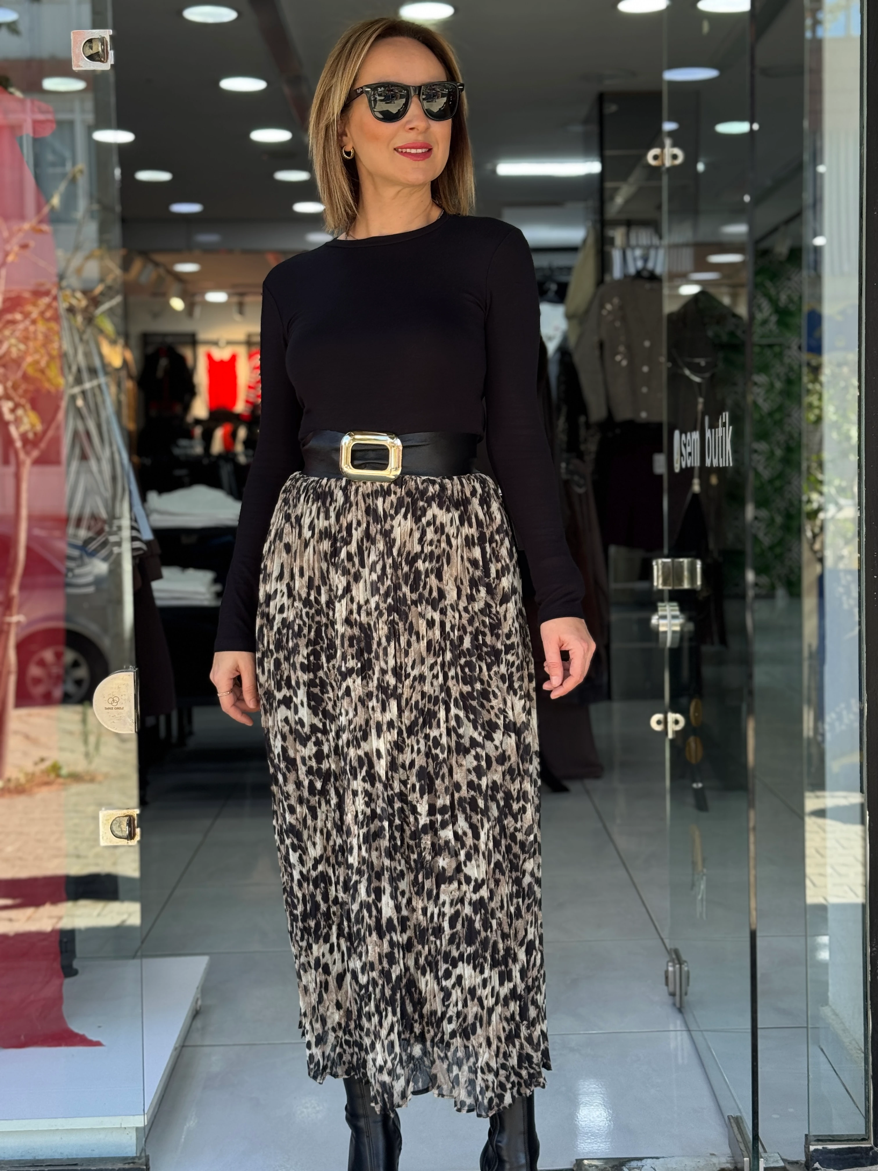 Leopar Desen Kraşlı Etek