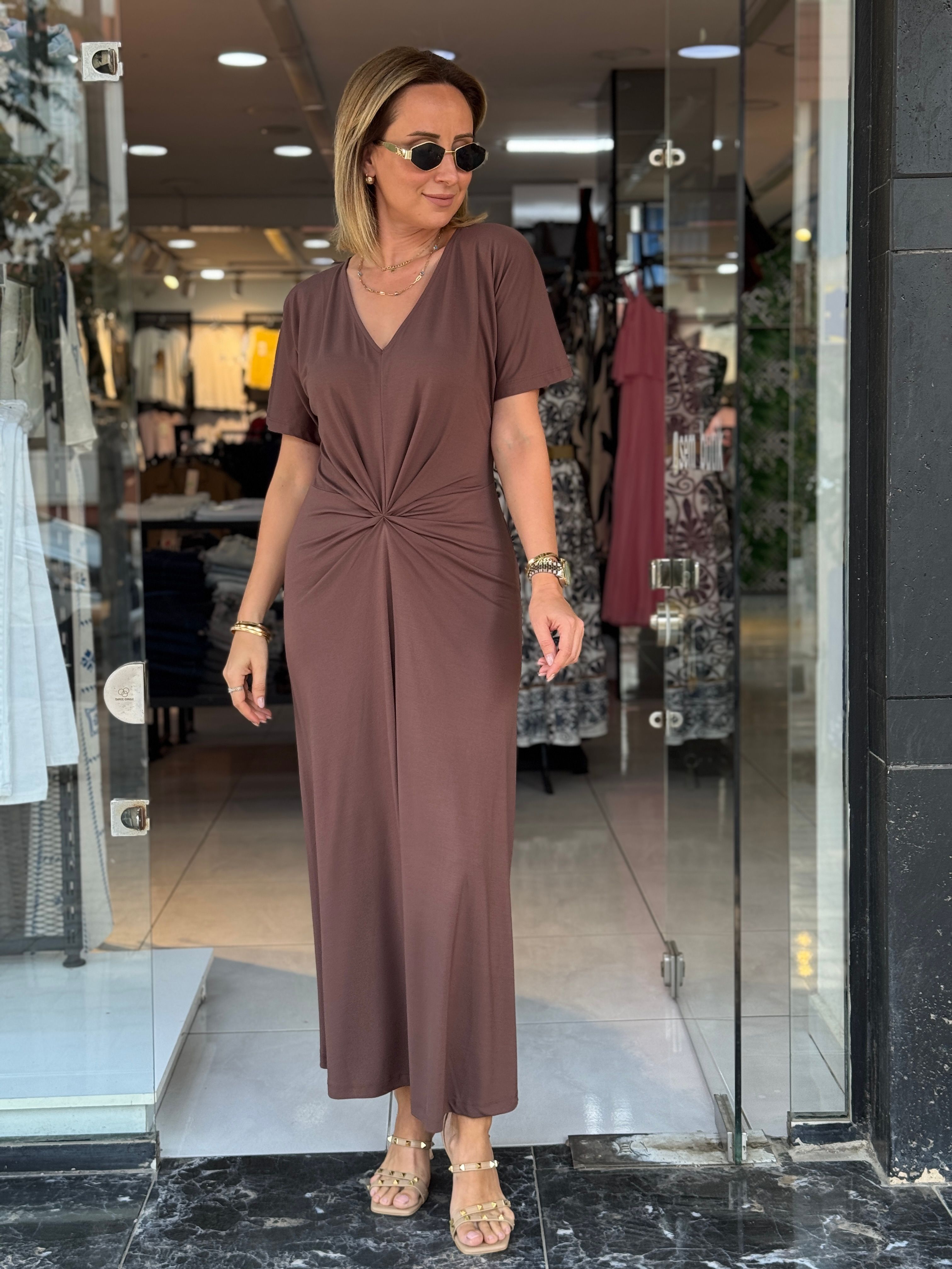 Kahve Ön Düğüm Detaylı Elbise