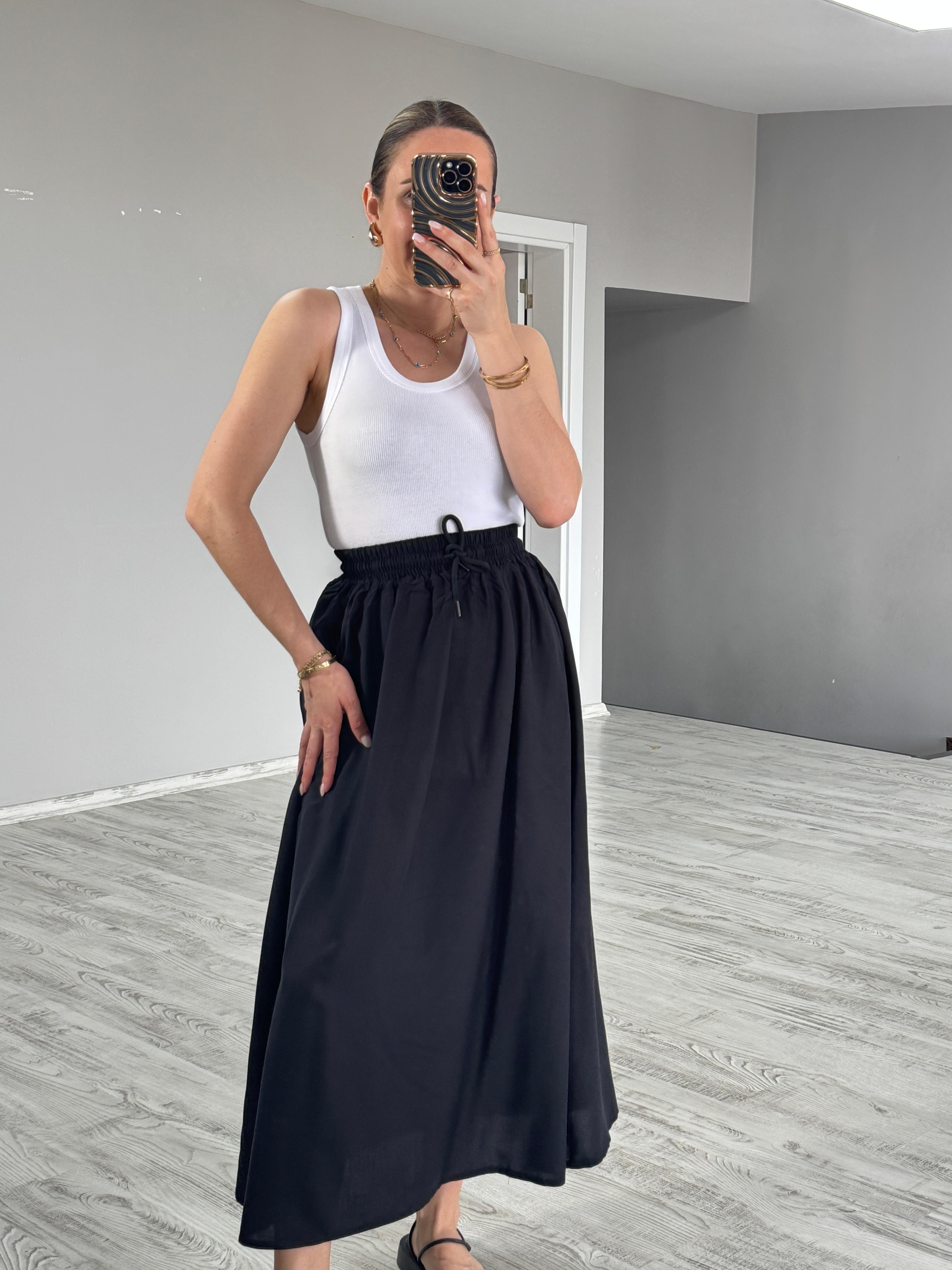 Bel Lastik Detaylı Etek - Siyah