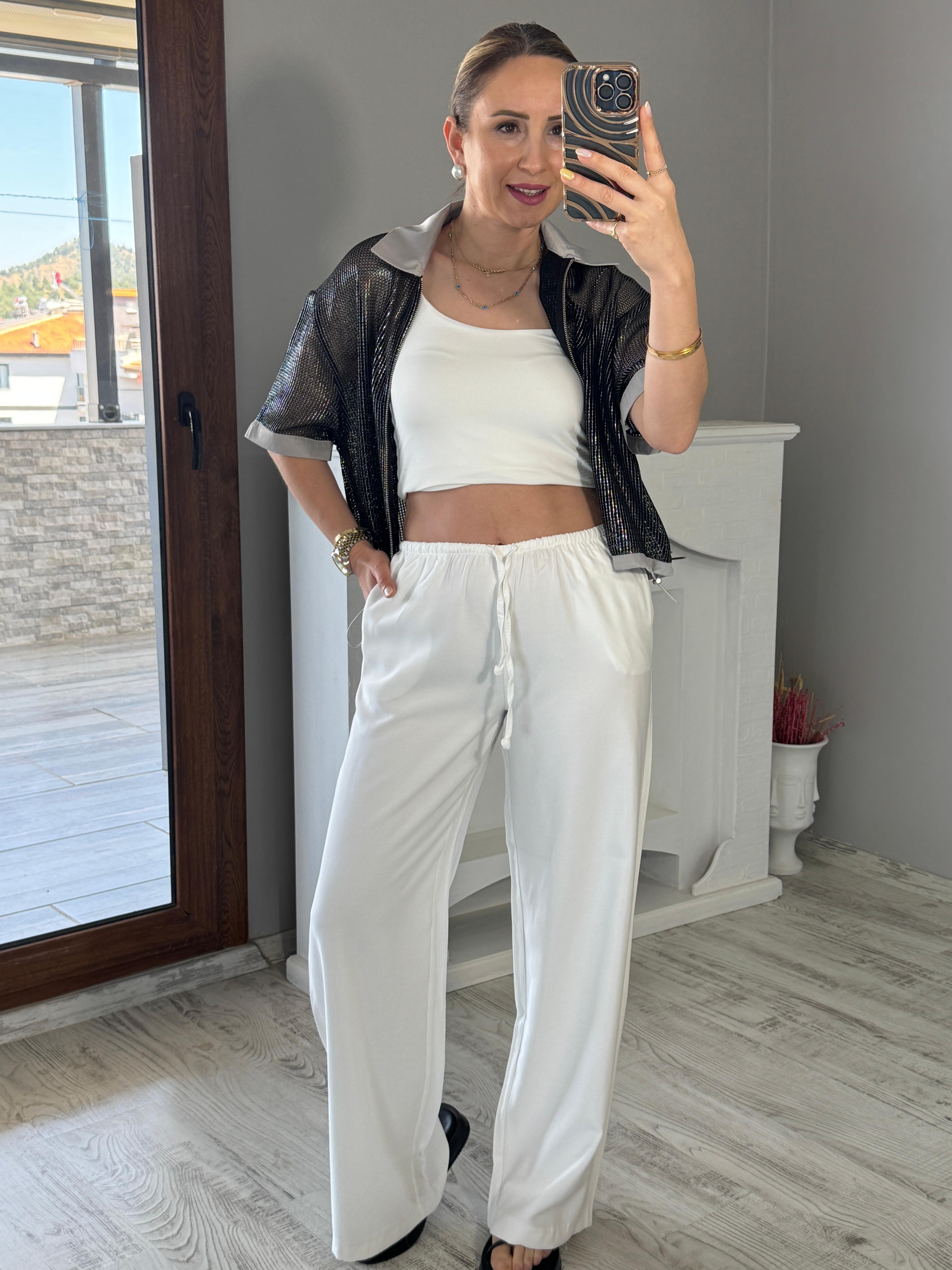 Bel Lastikli Beyaz Pantolon 