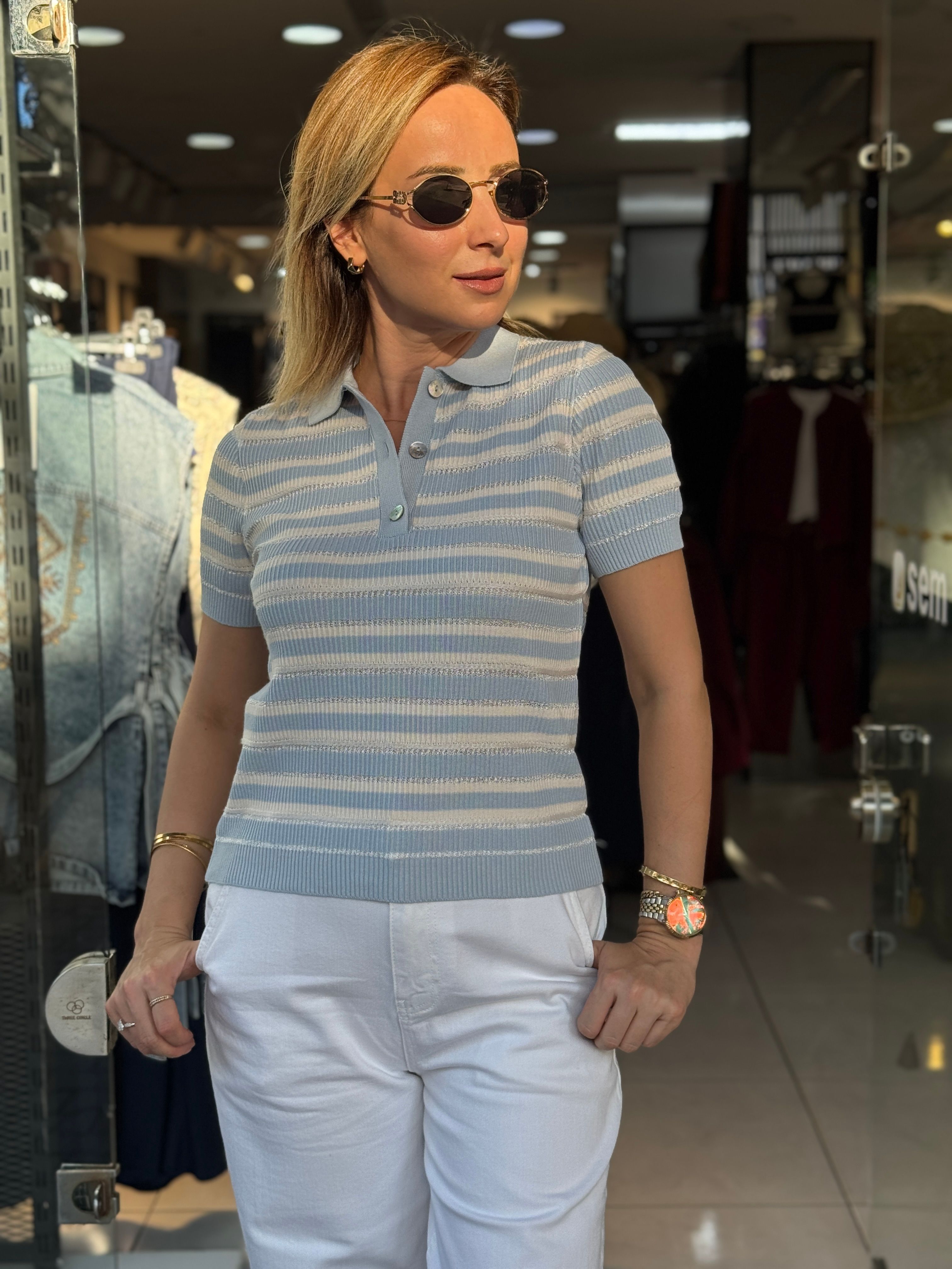 Polo Yaka Çizgili Triko - Mavi