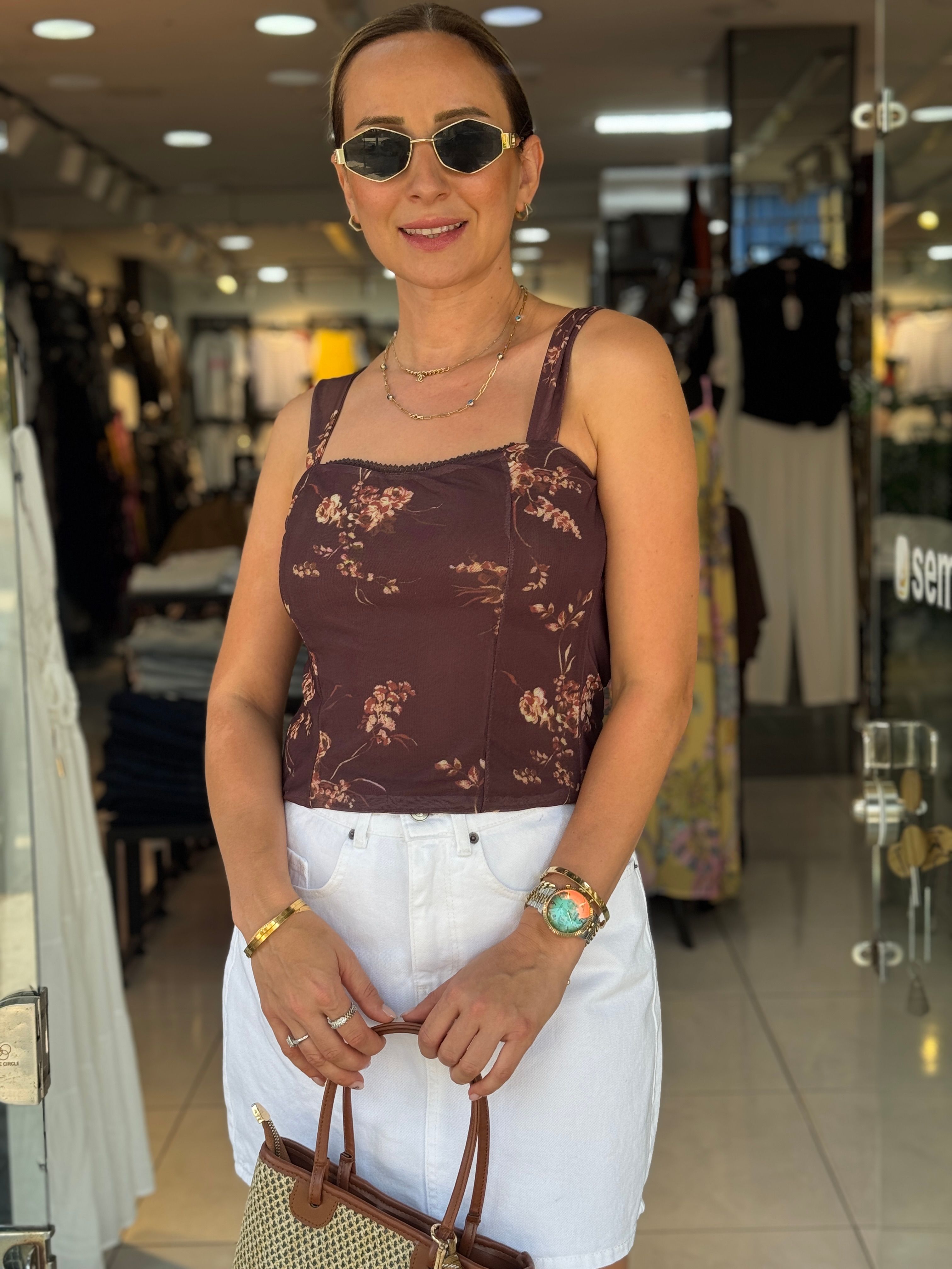 Desenli Kahve Tül Bluz
