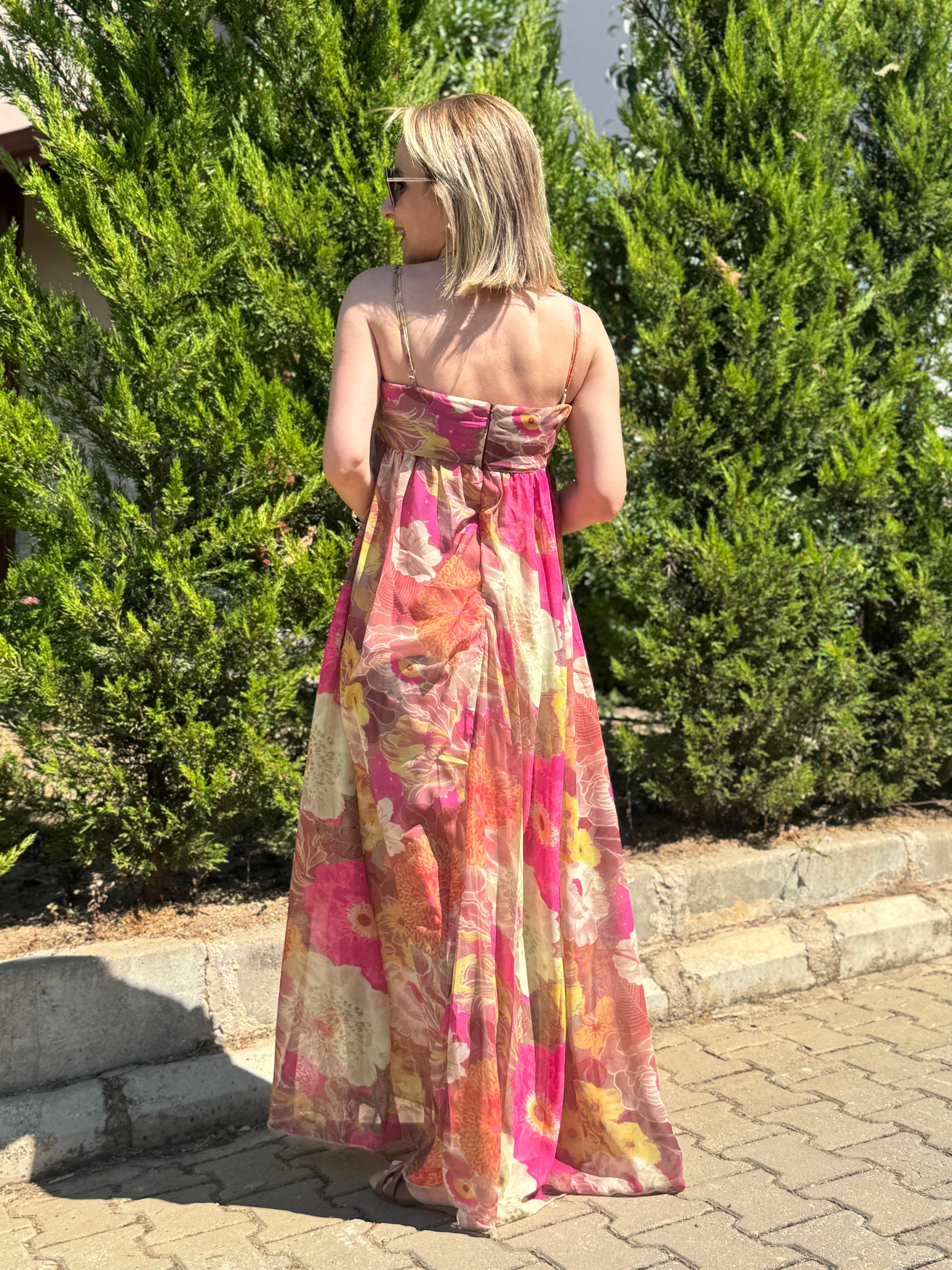 Askılı Desenli Pembe Şifon Elbise