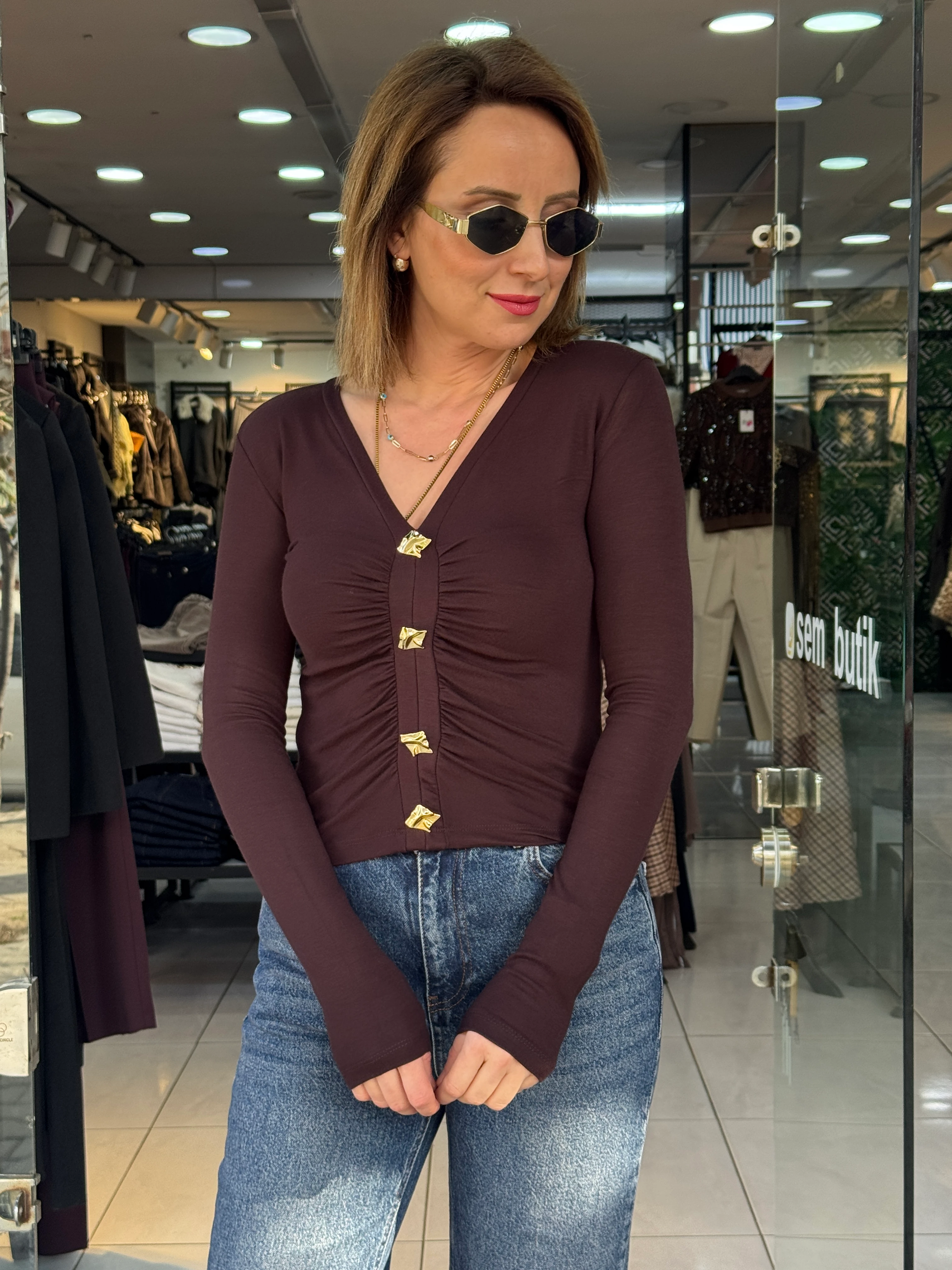 V Yaka Gold Detaylı Bluz