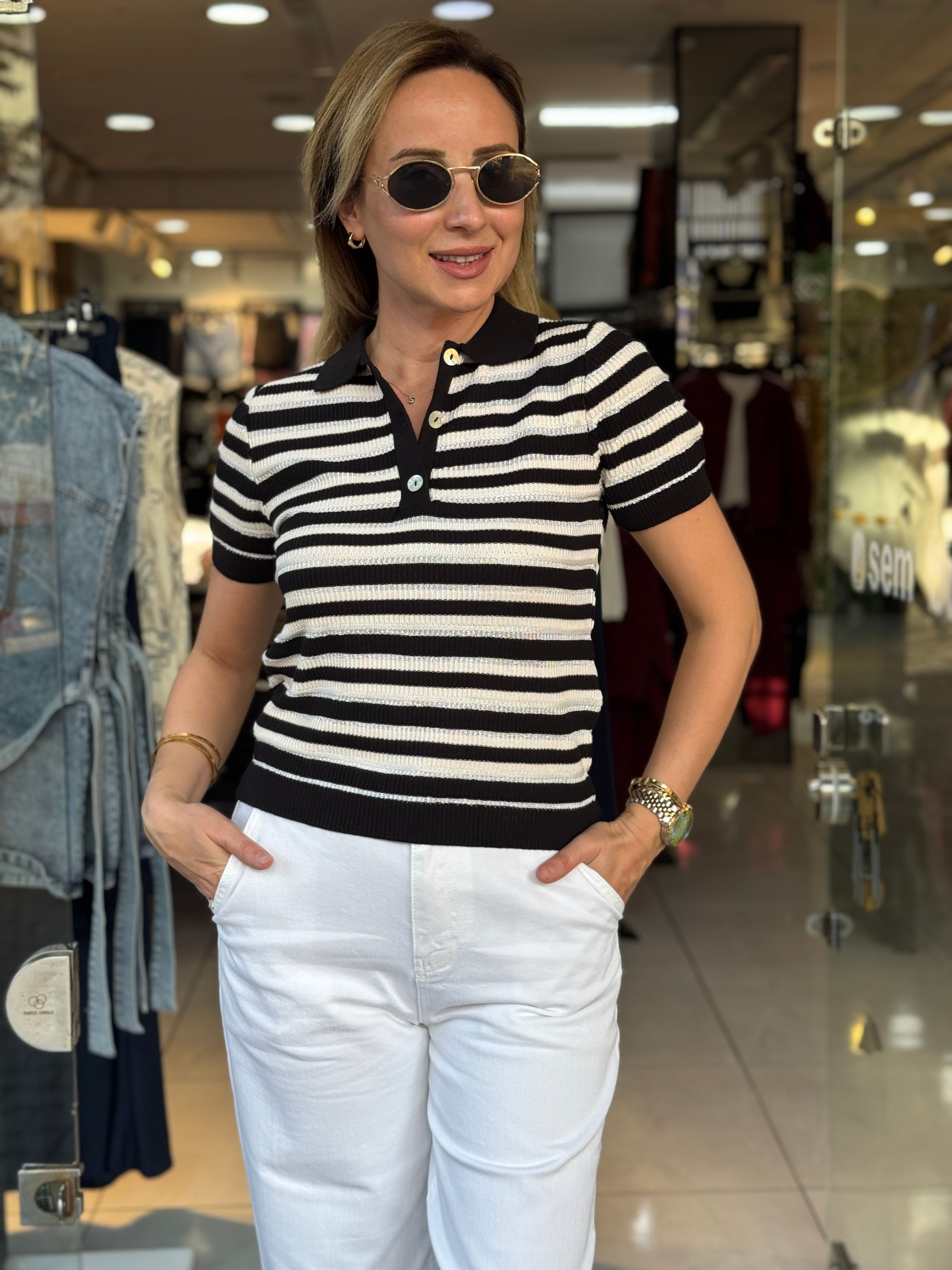 Polo Yaka Çizgili Triko - Siyah