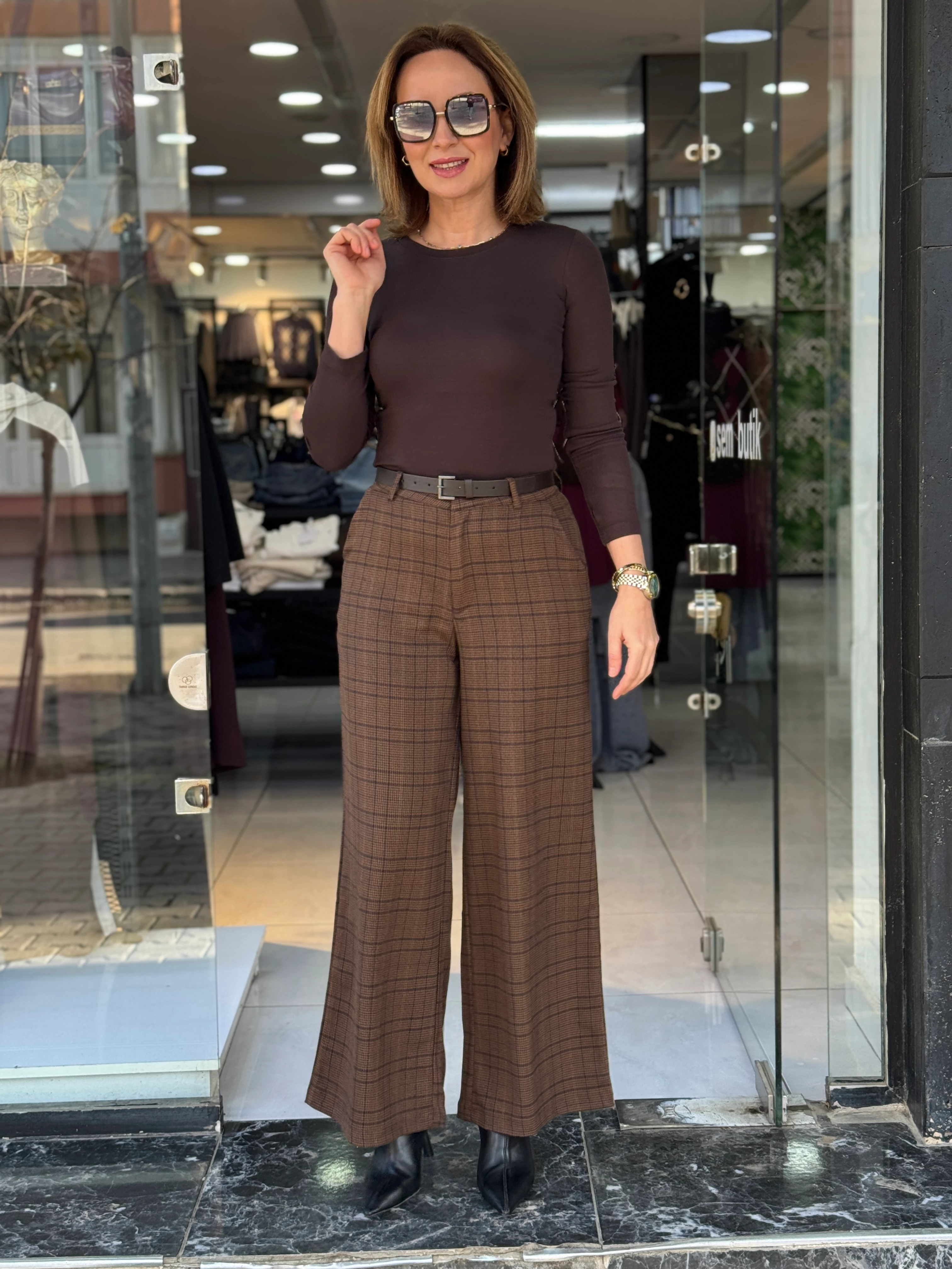 Kemerli Ekose Pantolon