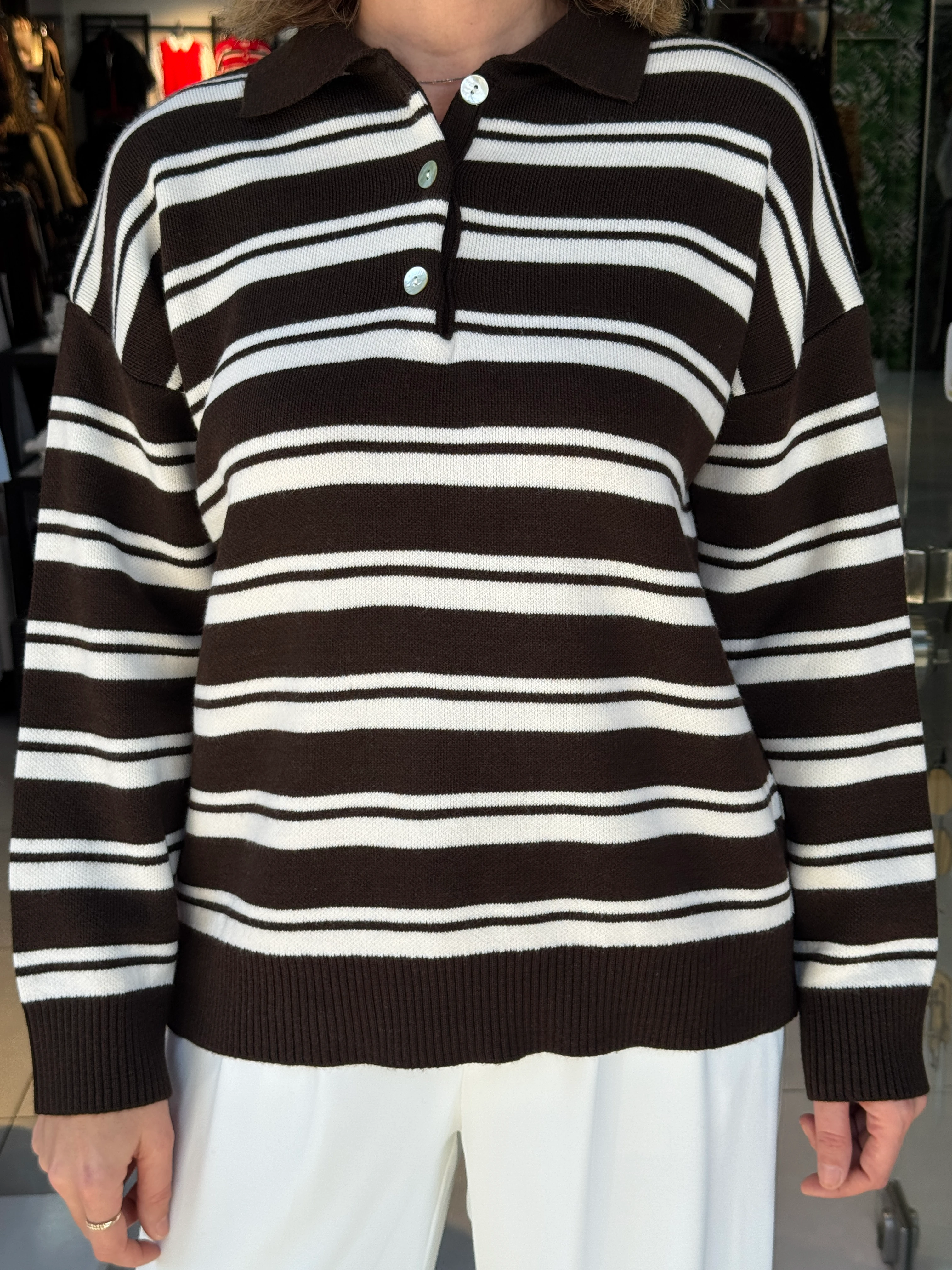 Polo Yaka Şeritli Triko Kazak