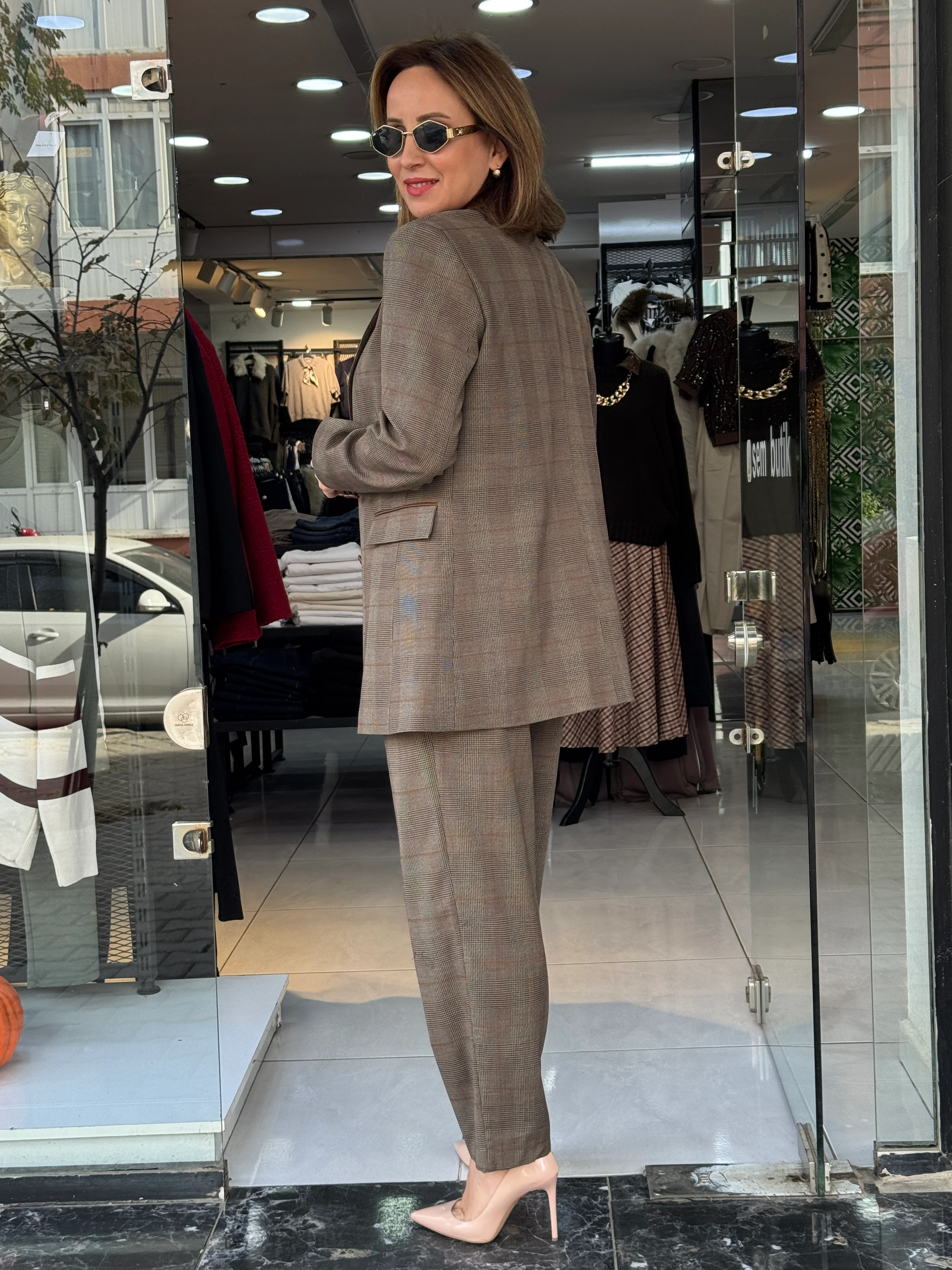 Ekose Blazer Ceketli Takım