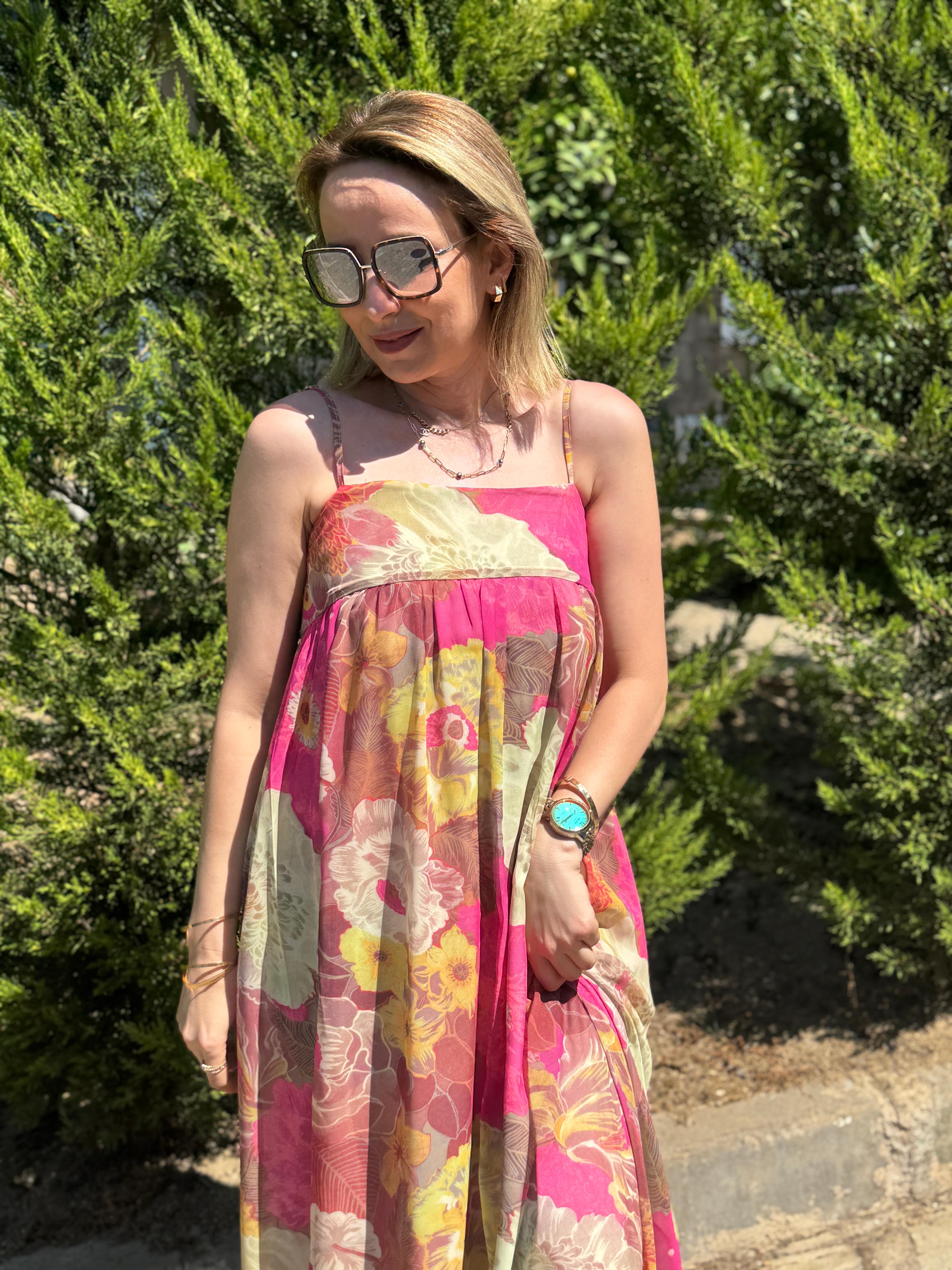 Askılı Desenli Pembe Şifon Elbise