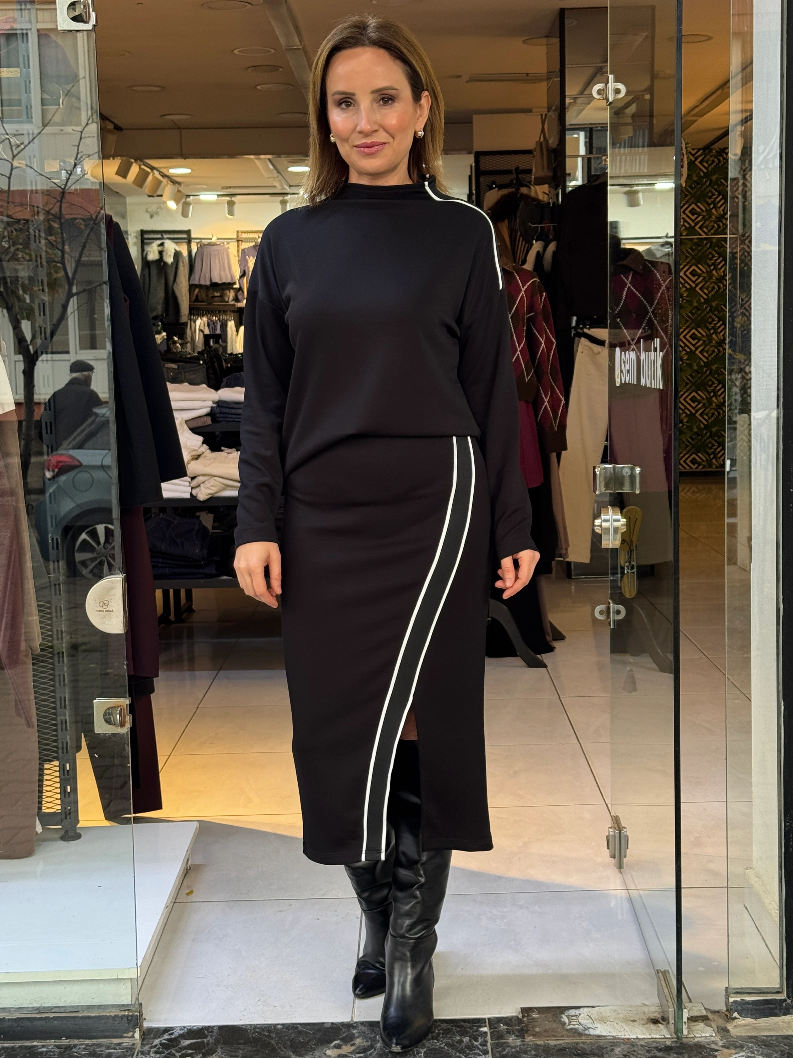 Ribanalı Etekli Modal Takım - Siyah